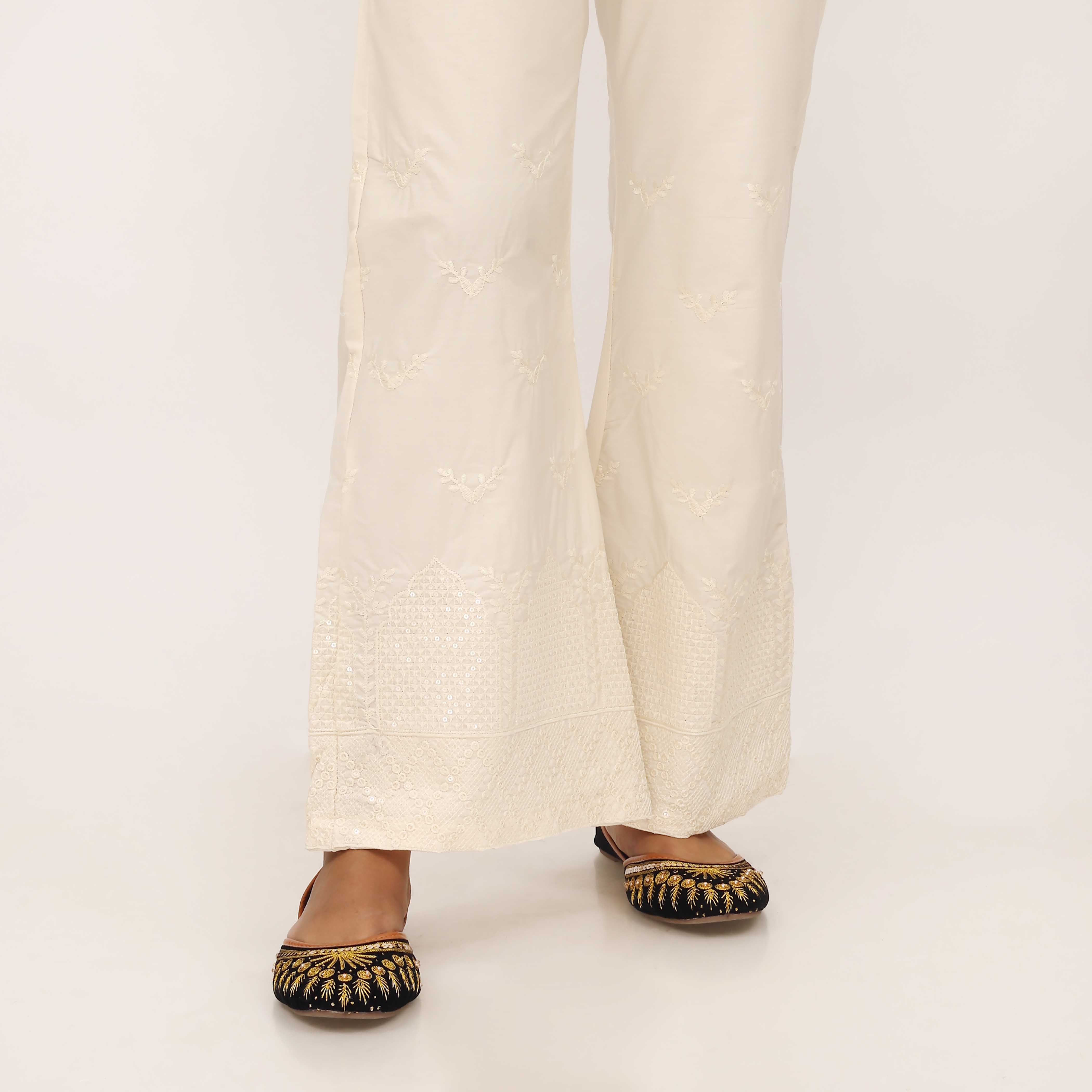 Cream Cotton Cambric Trouser with Embroidery PL5088 - Image 2