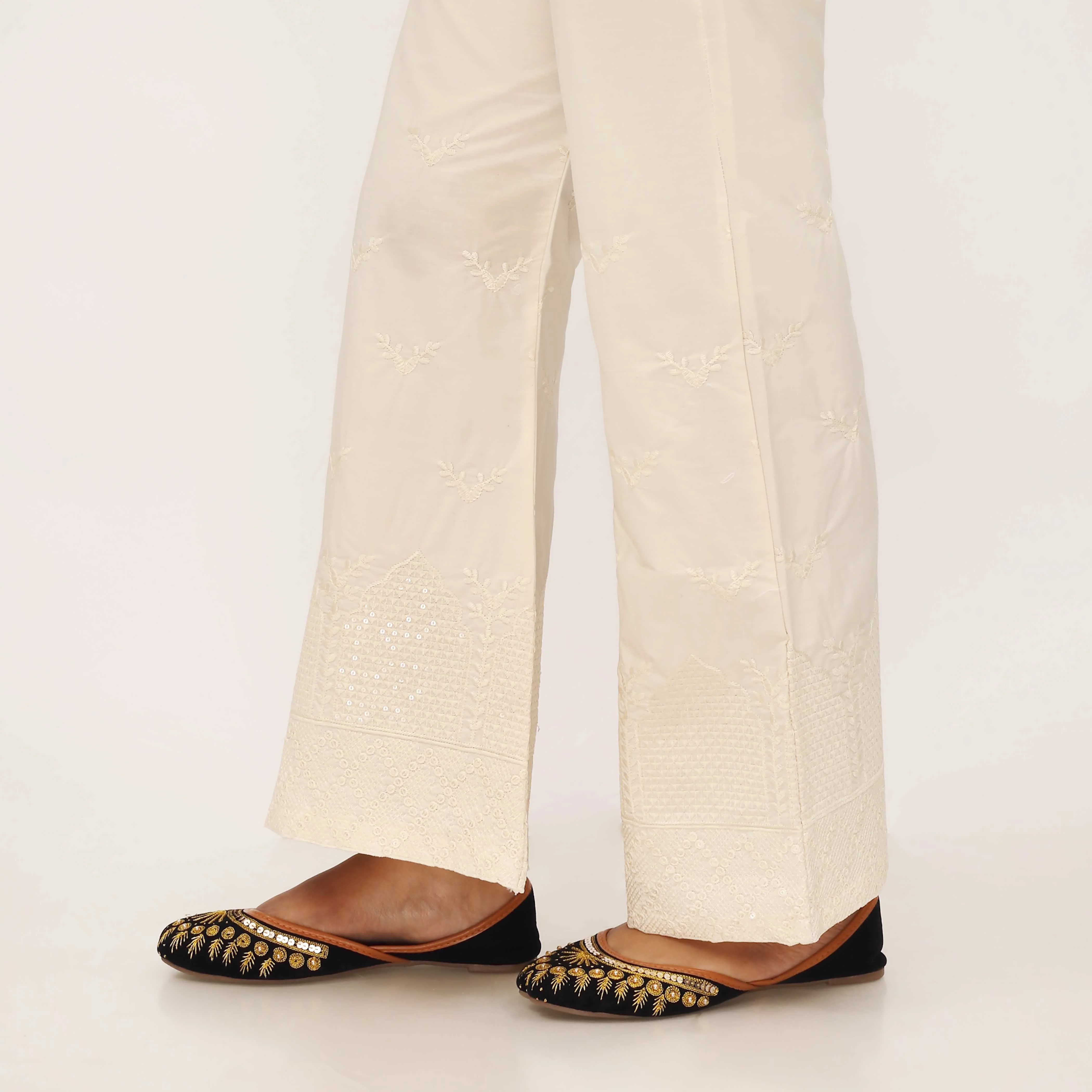 Cream Cotton Cambric Trouser with Embroidery PL5088 - Image 4