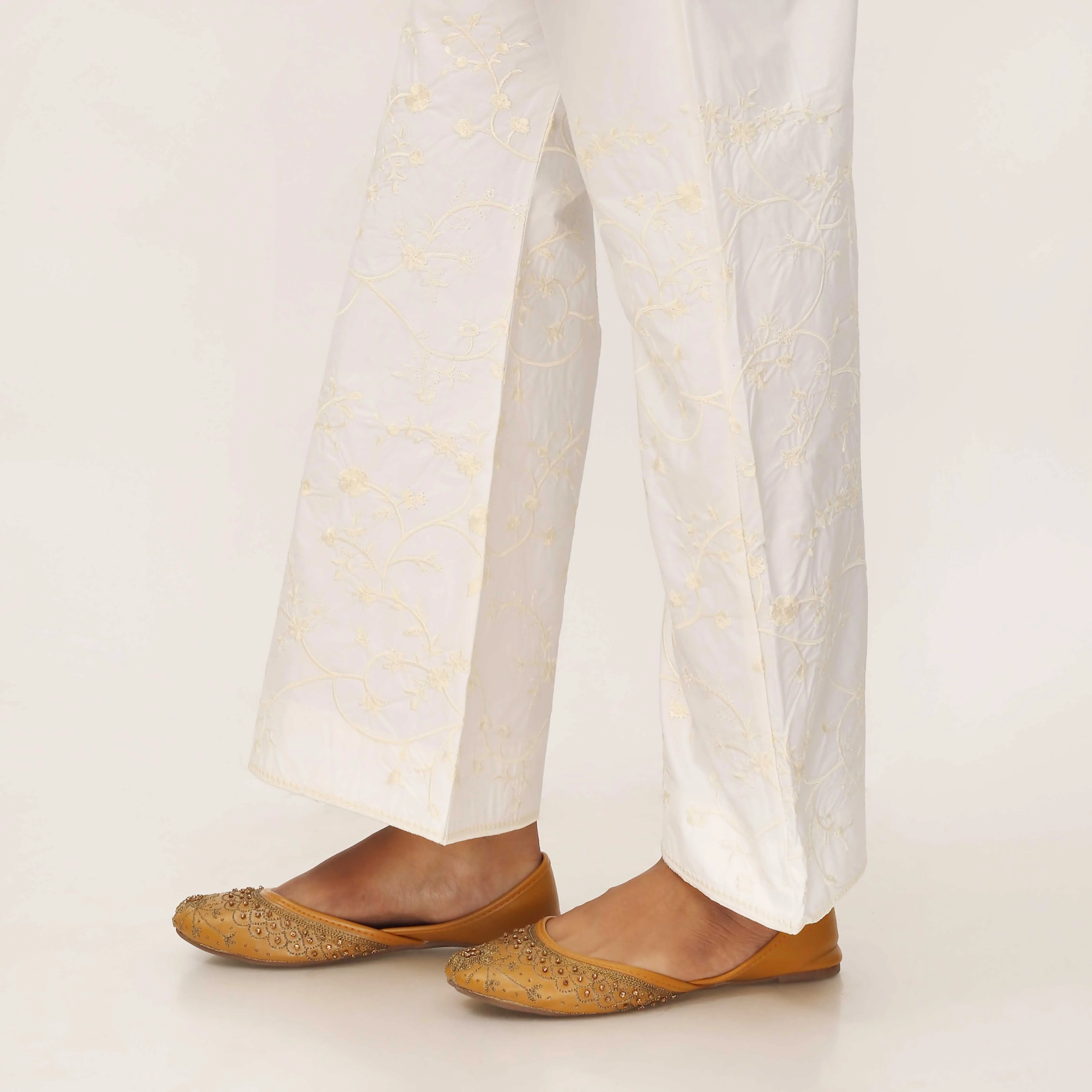 Cream Cotton Cambric Trouser with Embroidery PL5091 - Image 2