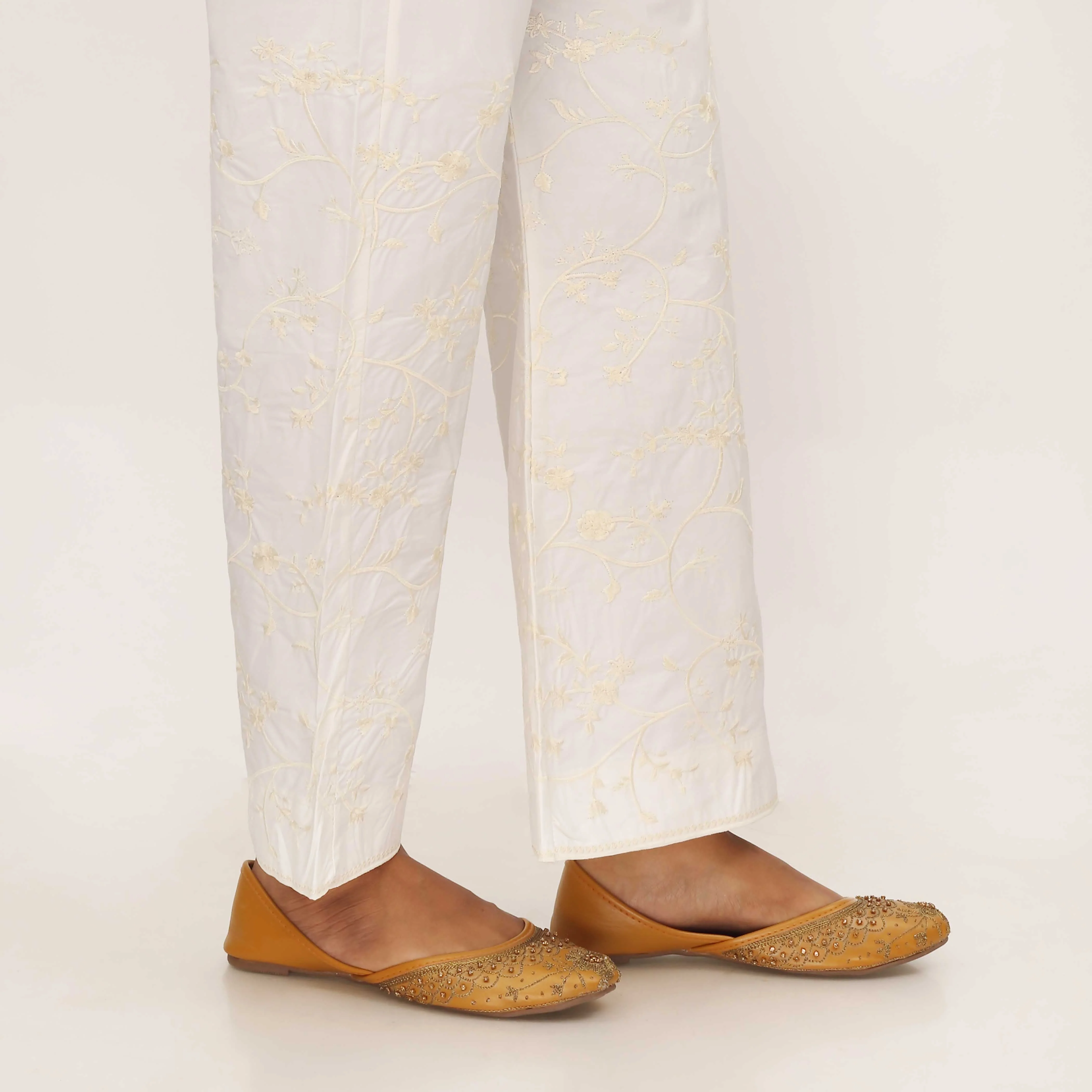 Cream Cotton Cambric Trouser with Embroidery PL5091 - Image 3