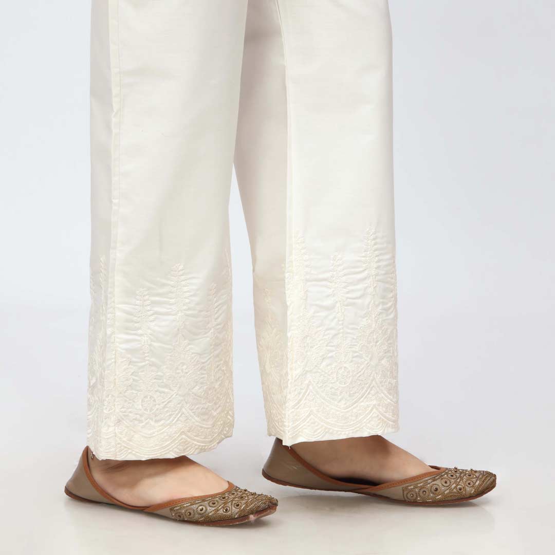 Cream Embroidered Bell Bottom Cambric Trouser PW3658 - Image 3