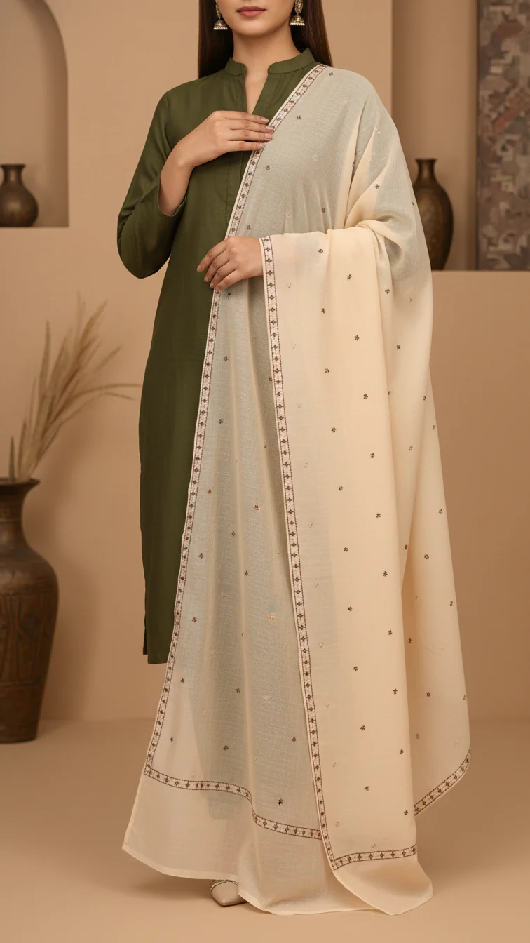 Cream Embroidered Cotton Dupatta PD5475