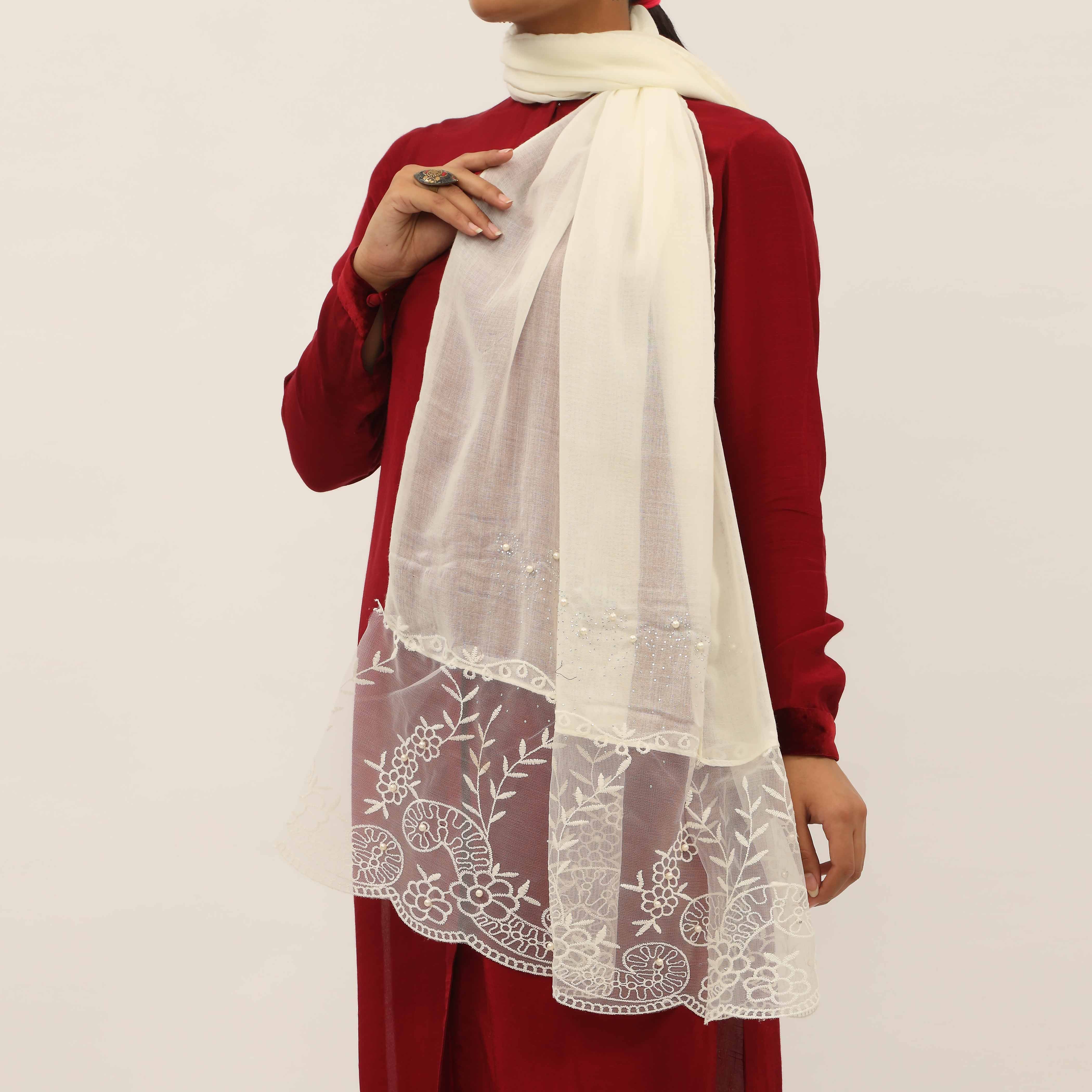 Cream Embroidered Stole PD5253 - Image 2