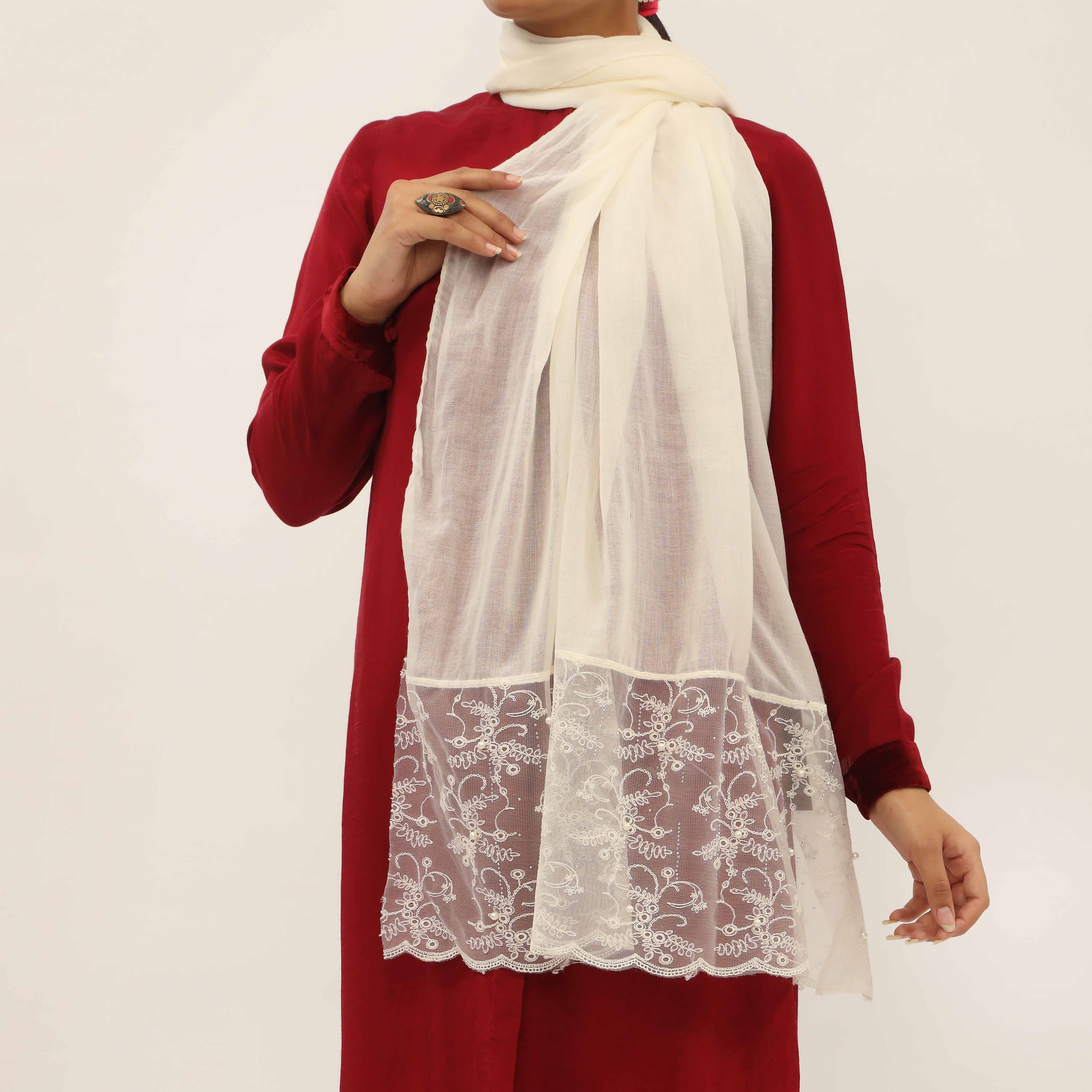 Cream Embroidered Stole PD5264 - Image 2