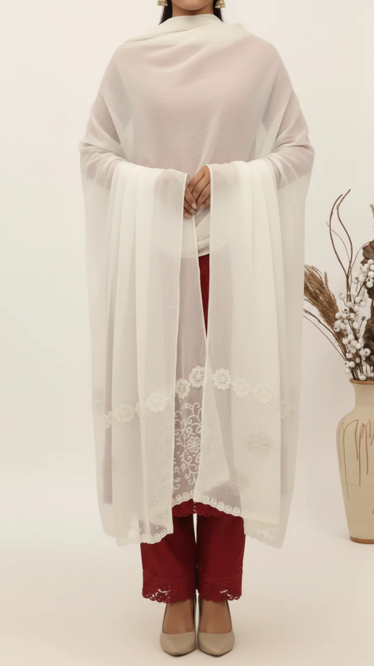 Cream Embroidered Stole PD5276