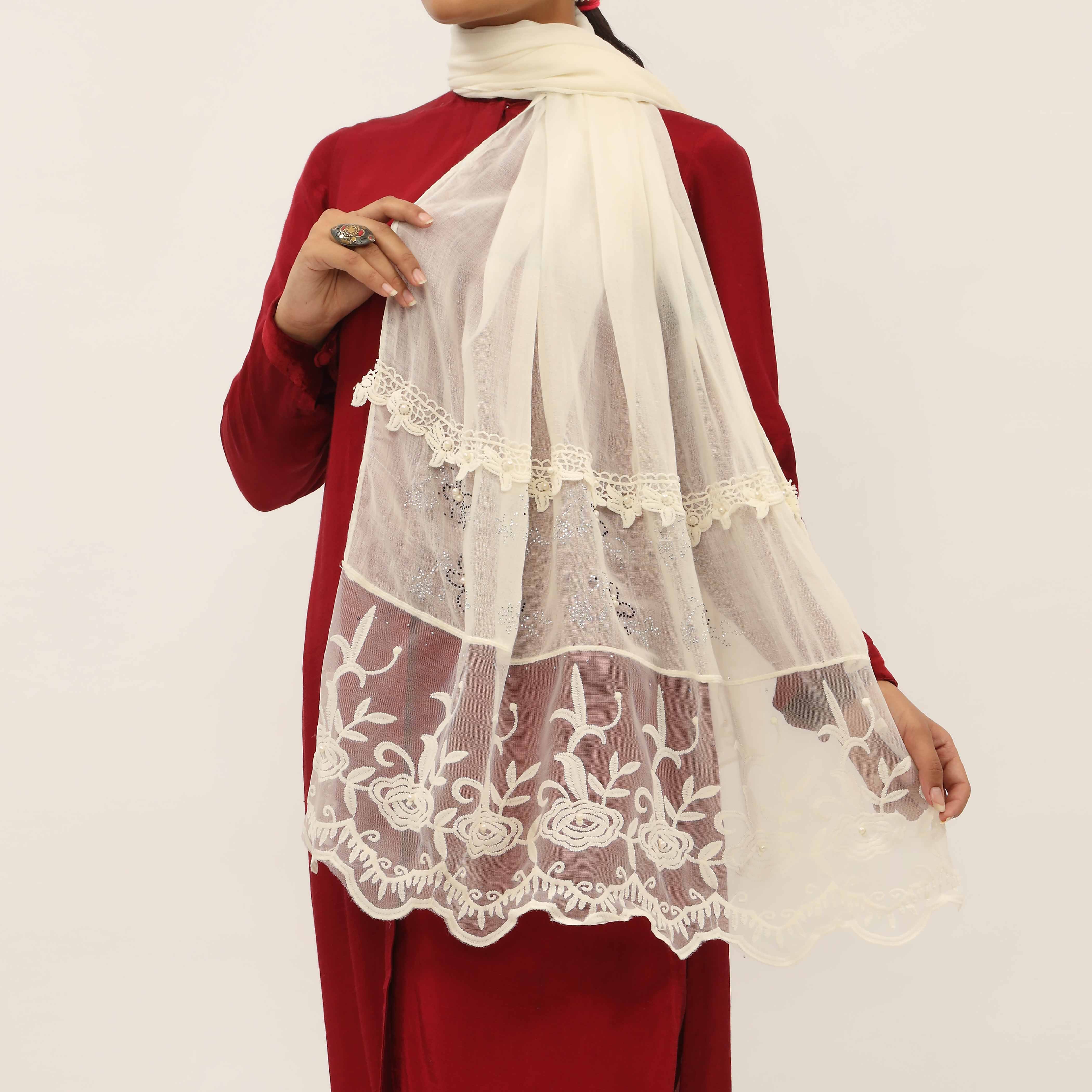 Cream Embroidered Stole PD5291 - Image 2