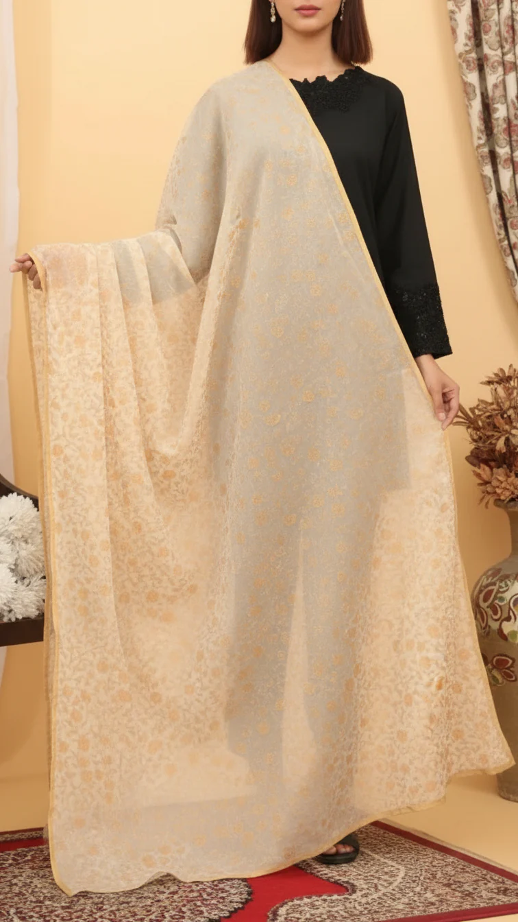 Cream Screen Printed Chiffon Dupatta PD5387