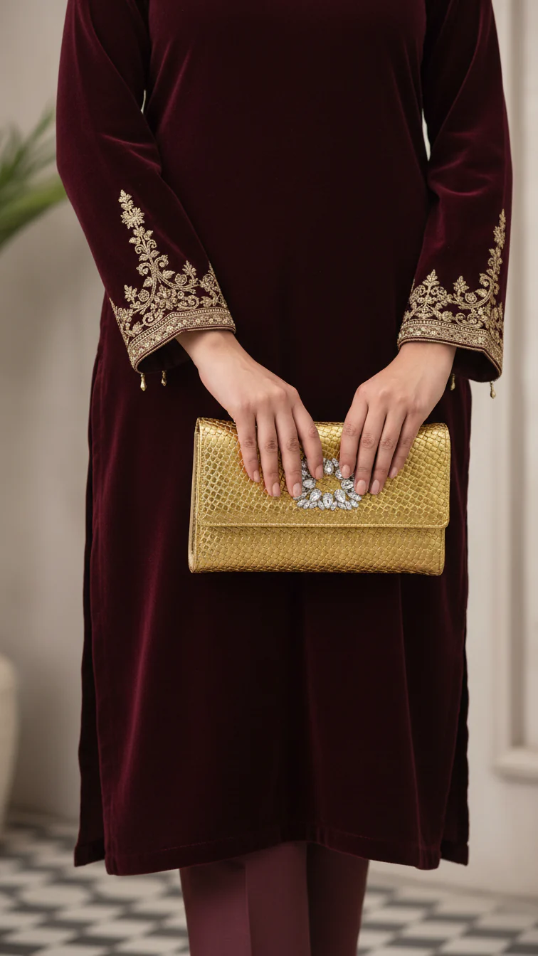 Golden Formal Clutch For Ladies P24424