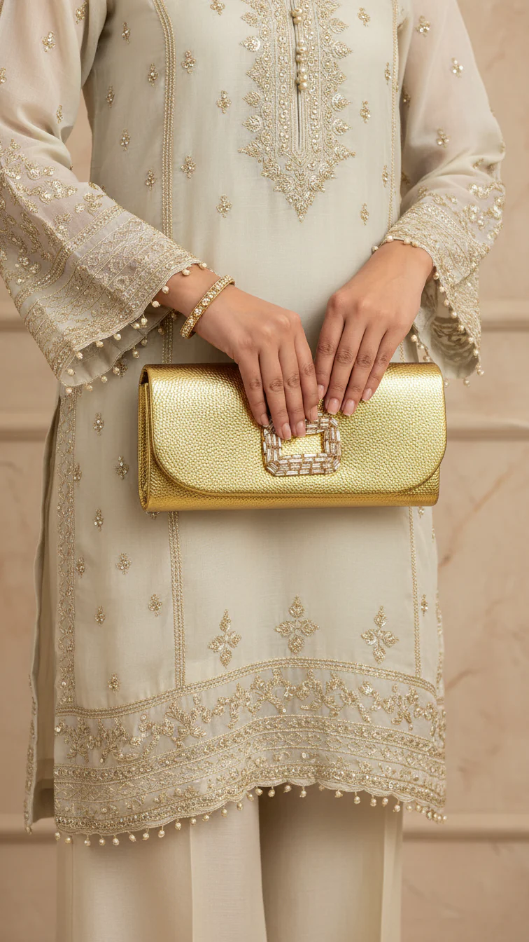 Golden Formal Clutch For Women P24416