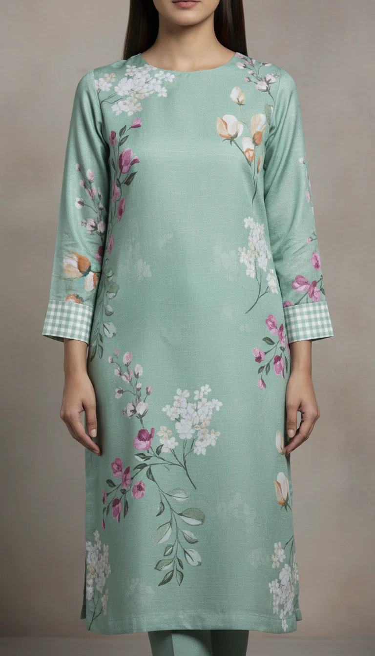 Green Digital Printed Shamose Silk Shirt PW5271