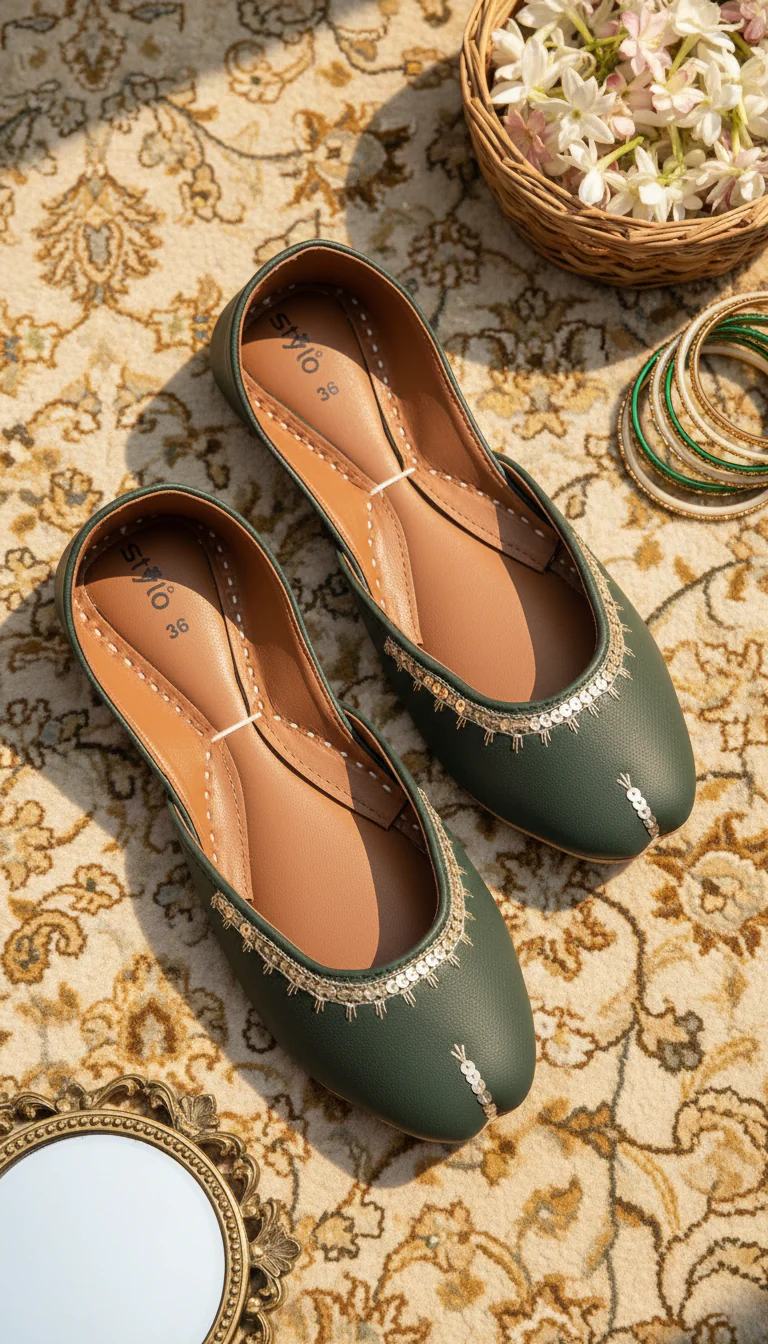 Green Leather Khussa For Women EC8760 - Image 2