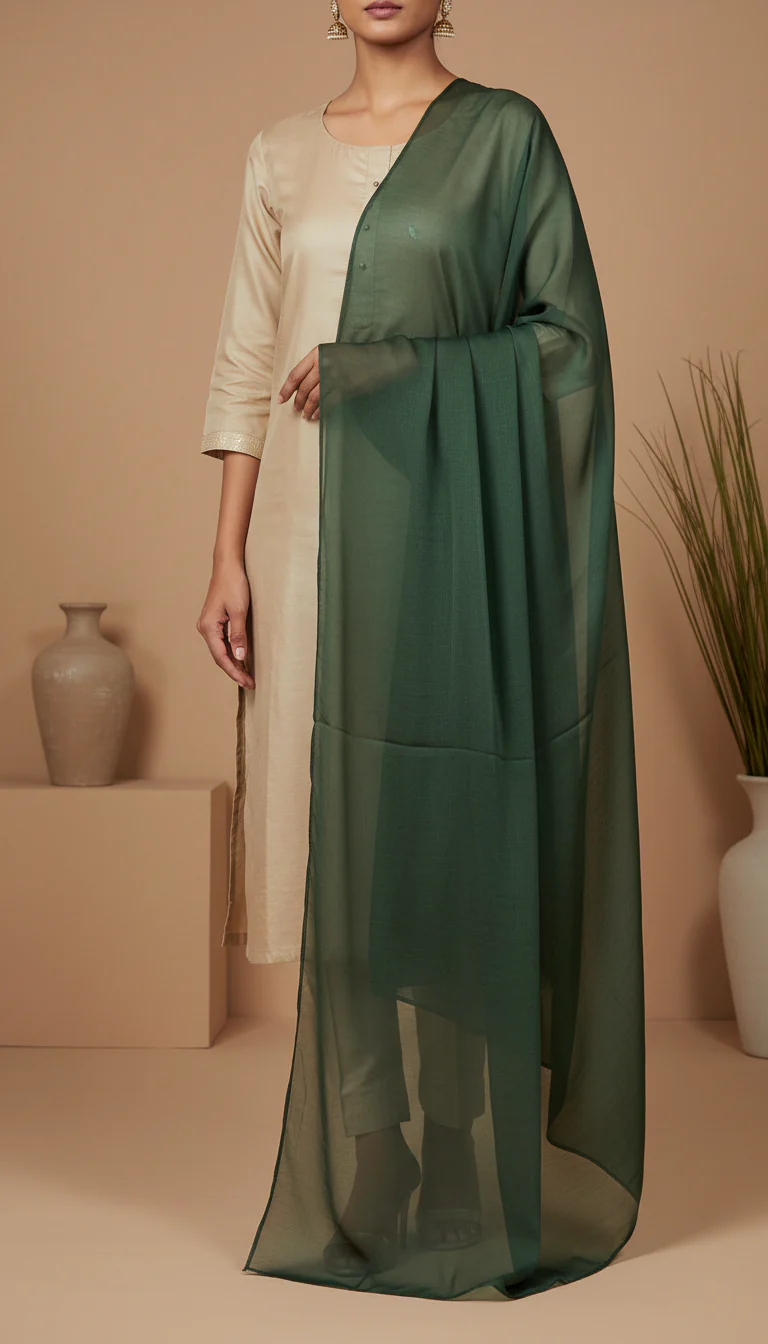 Green Plain Chiffon Dupatta PD6004 - Image 2