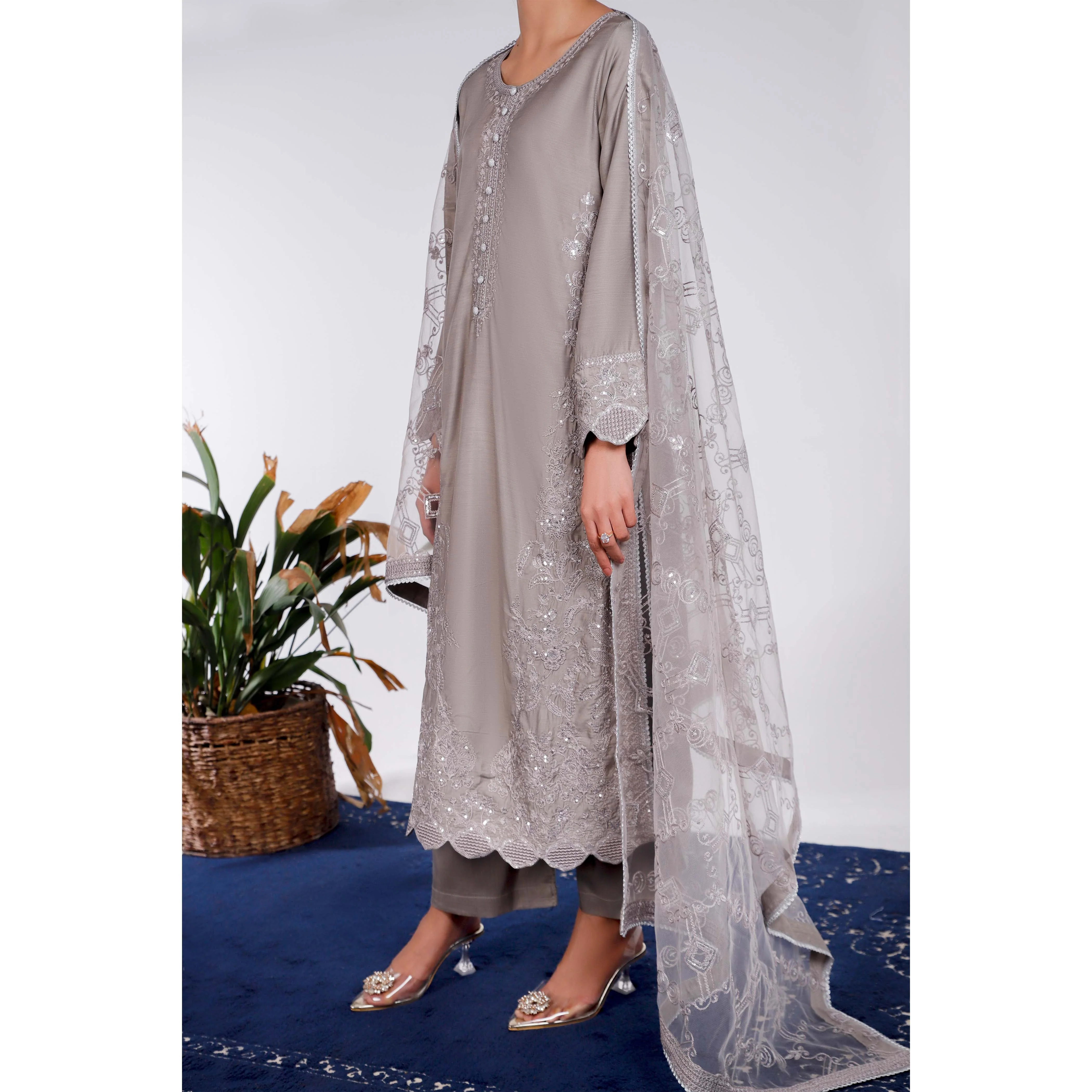 3PC- Embellished Khaddi Net Suit PF4011 - Image 2