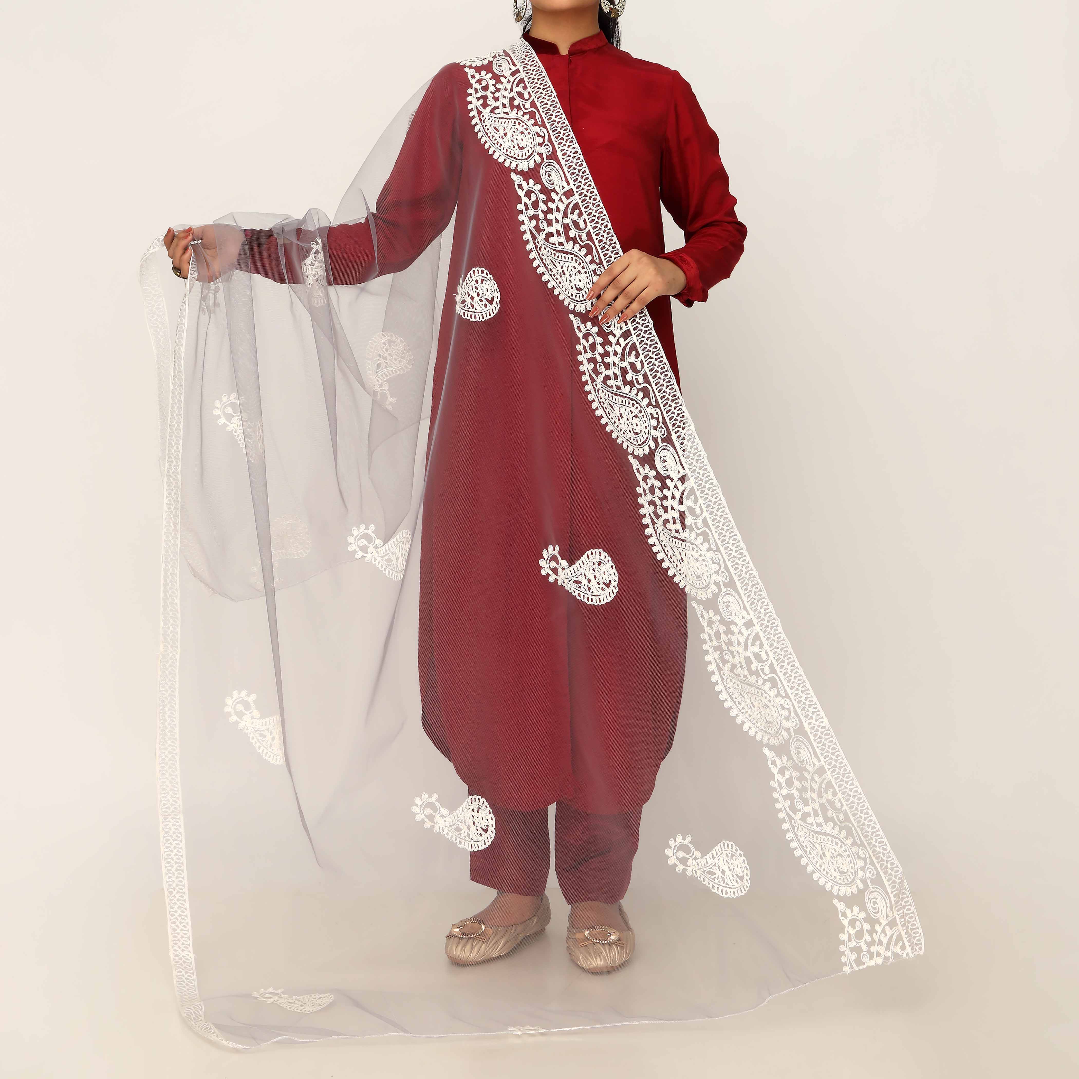 Grey Embroidered Cotton Dupatta PD5491 - Image 2