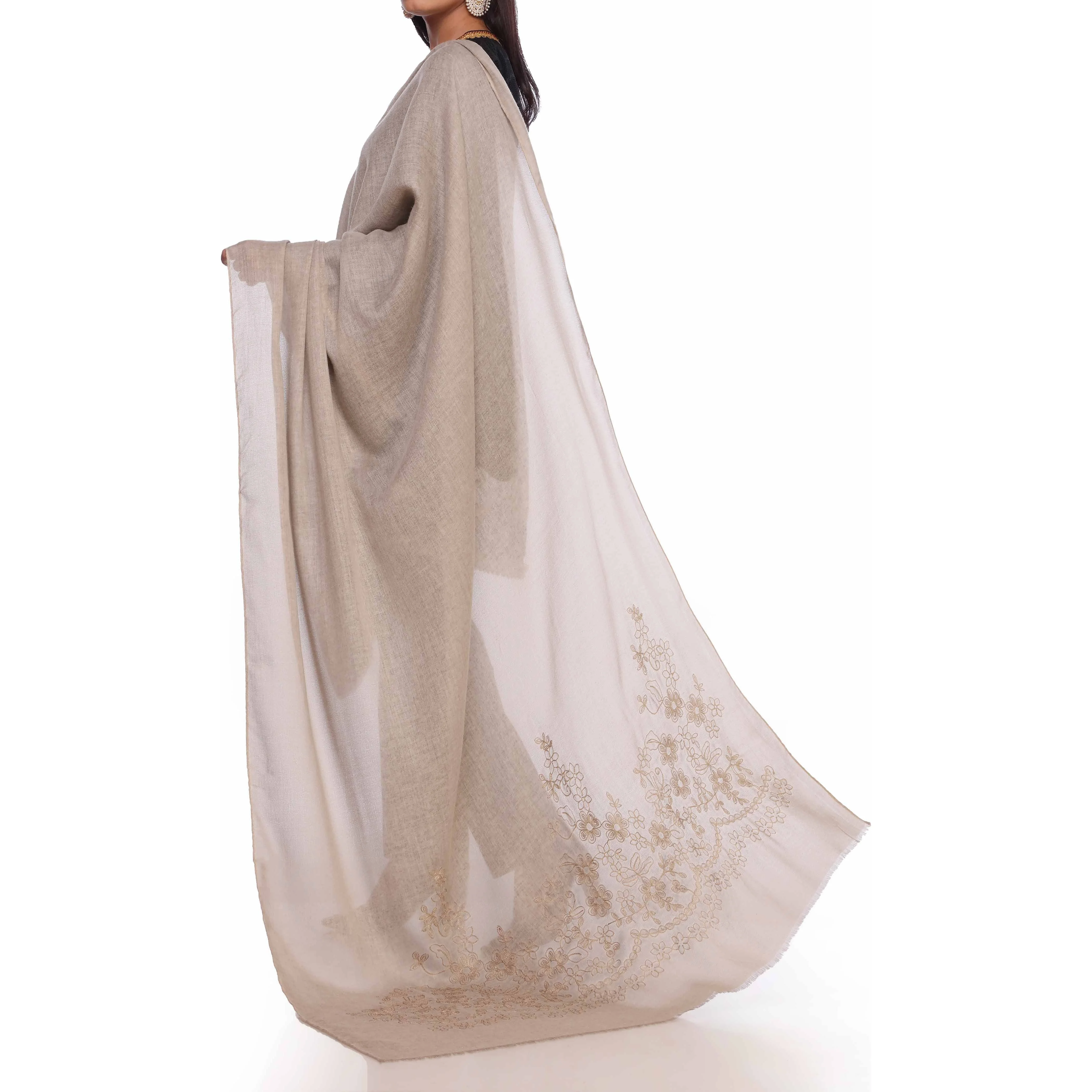 Khaki Aari Embroidered Shawl PW2736 - Image 3