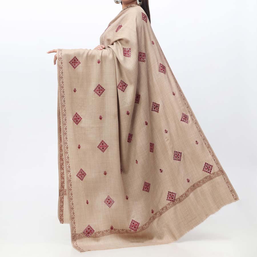 Khaki Embroidered Winter Shawl PW3721