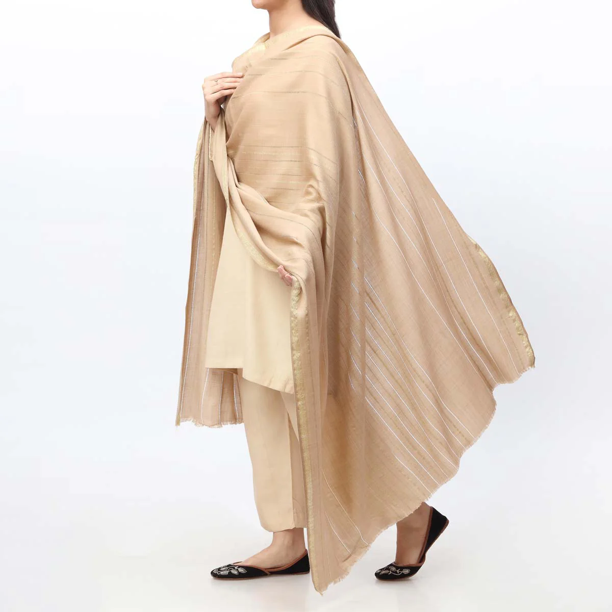 Khaki Zari Border Shawl PW3709 - Image 2