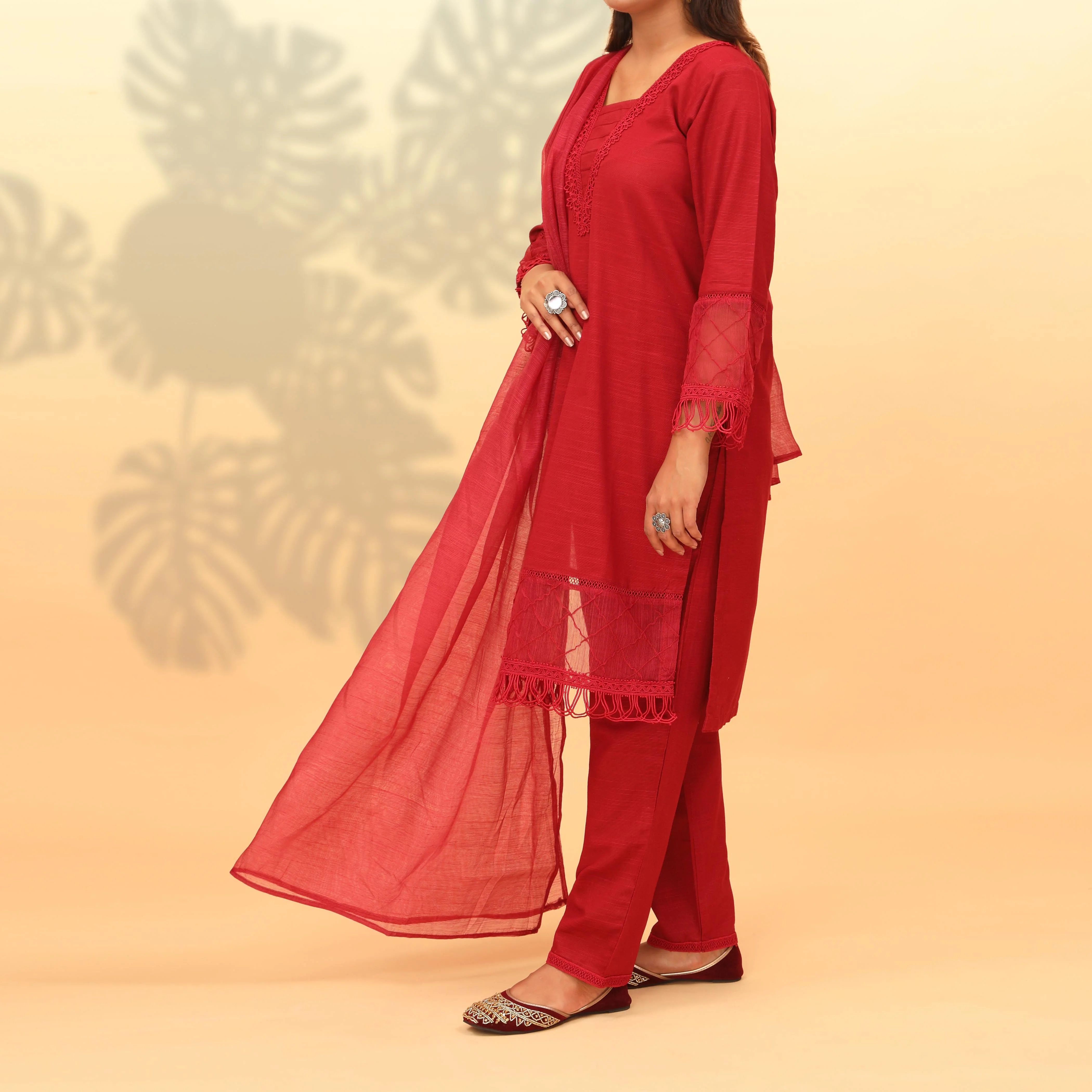 3PC- Dyed Khaddar With Laced Suit PW4022 - Image 2
