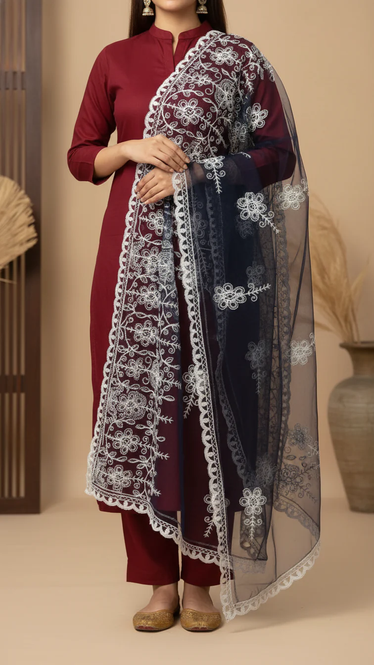 Navy Embroidered Cotton Dupatta PD5491