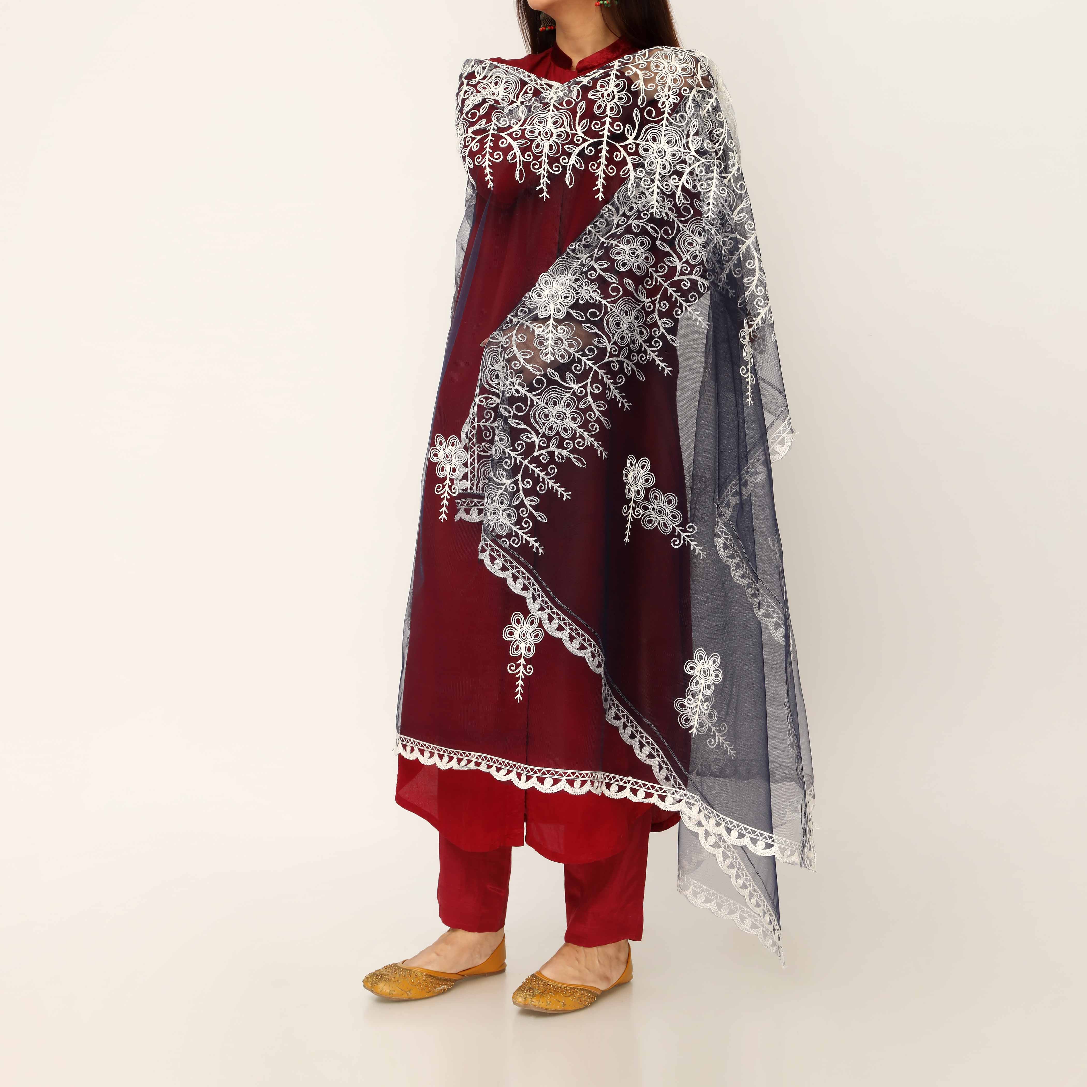 Navy Embroidered Cotton Dupatta PD5491 - Image 2