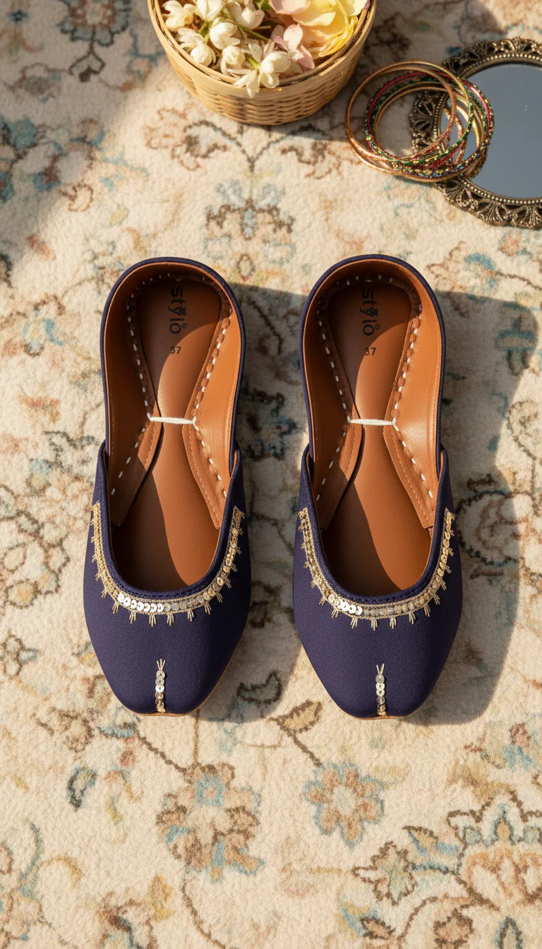Navy Leather Khussa For Women EC8760 - Image 2