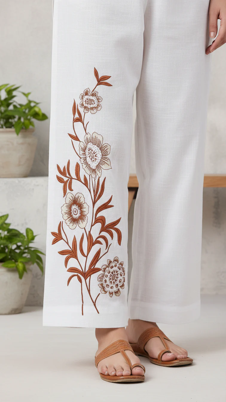 Off/White Slub Khaddar Trouser PL5142