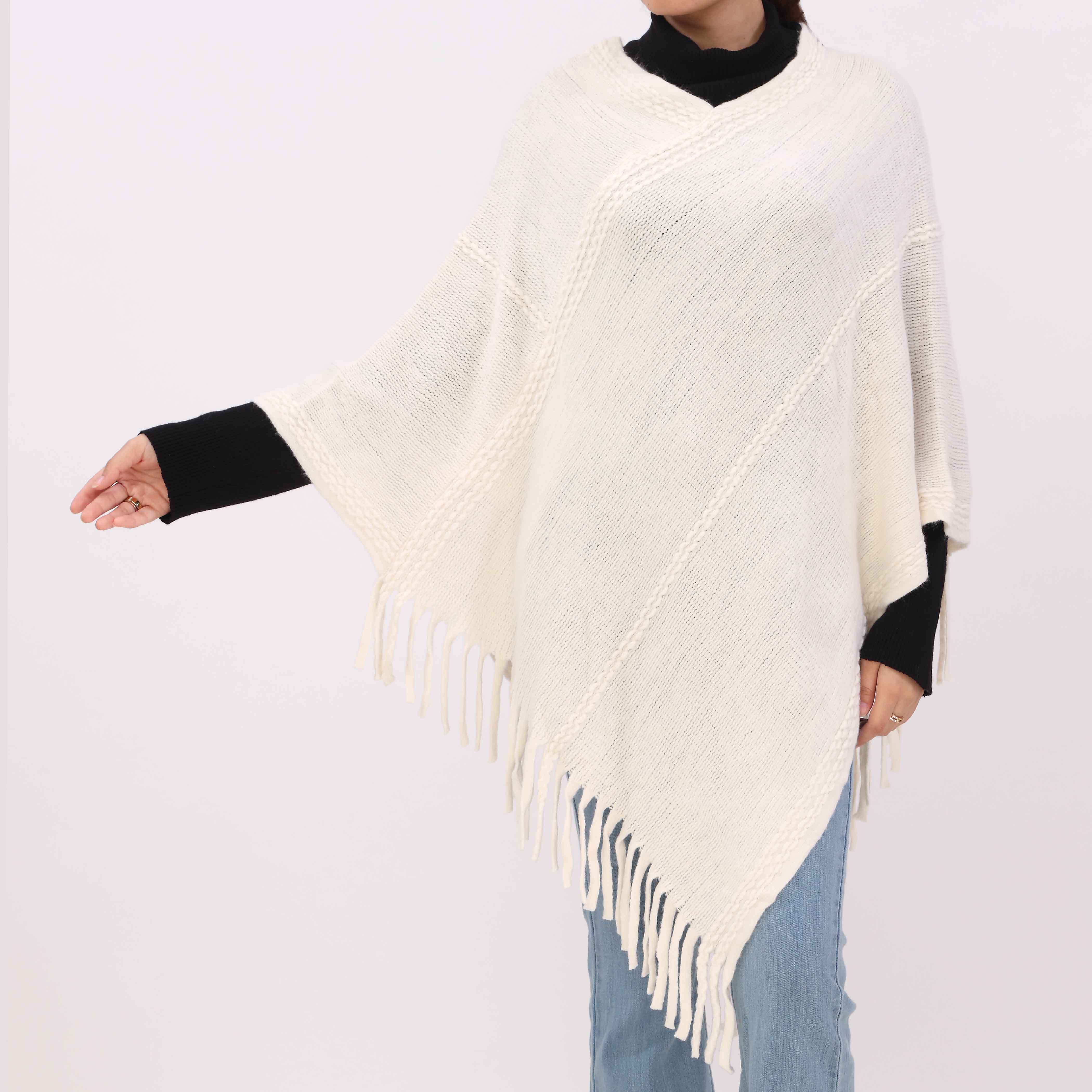 Off/White Sweater Knit Triangle Cape Shawl PW5620 - Image 3