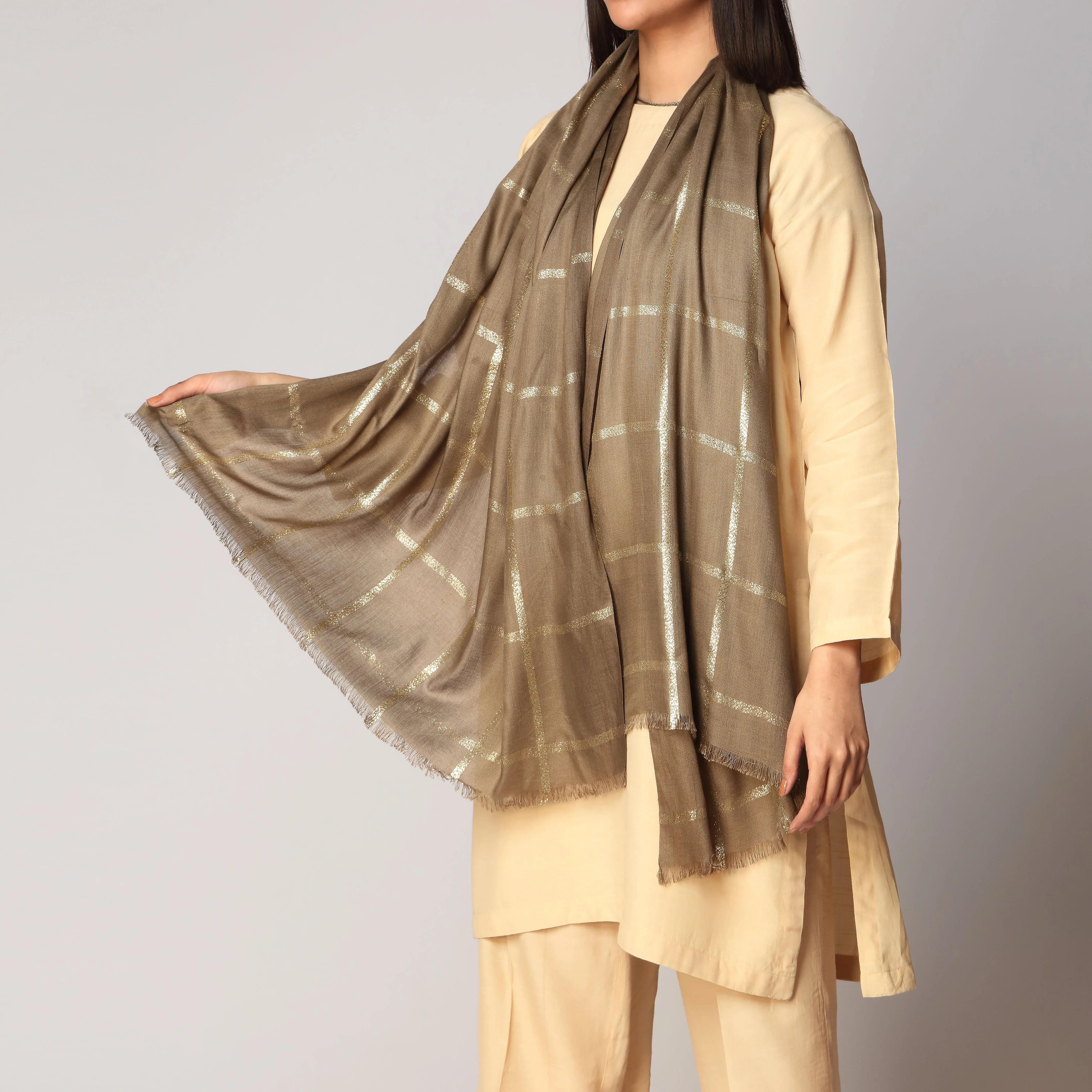 Olive Zari Checkered Stole PS3755 - Image 2