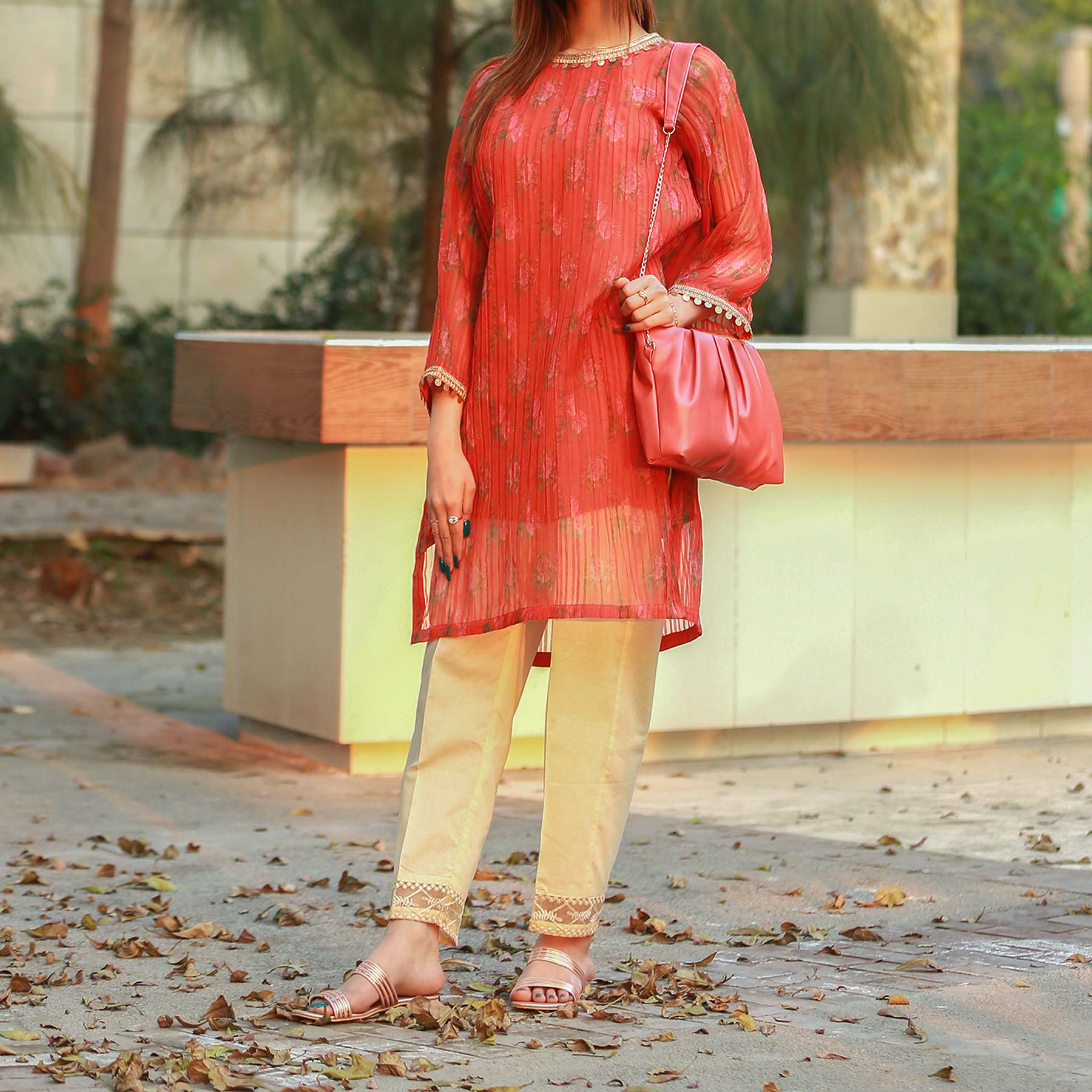 Orange Color Printed Pleted Organza Shirt PS2235 - Image 3