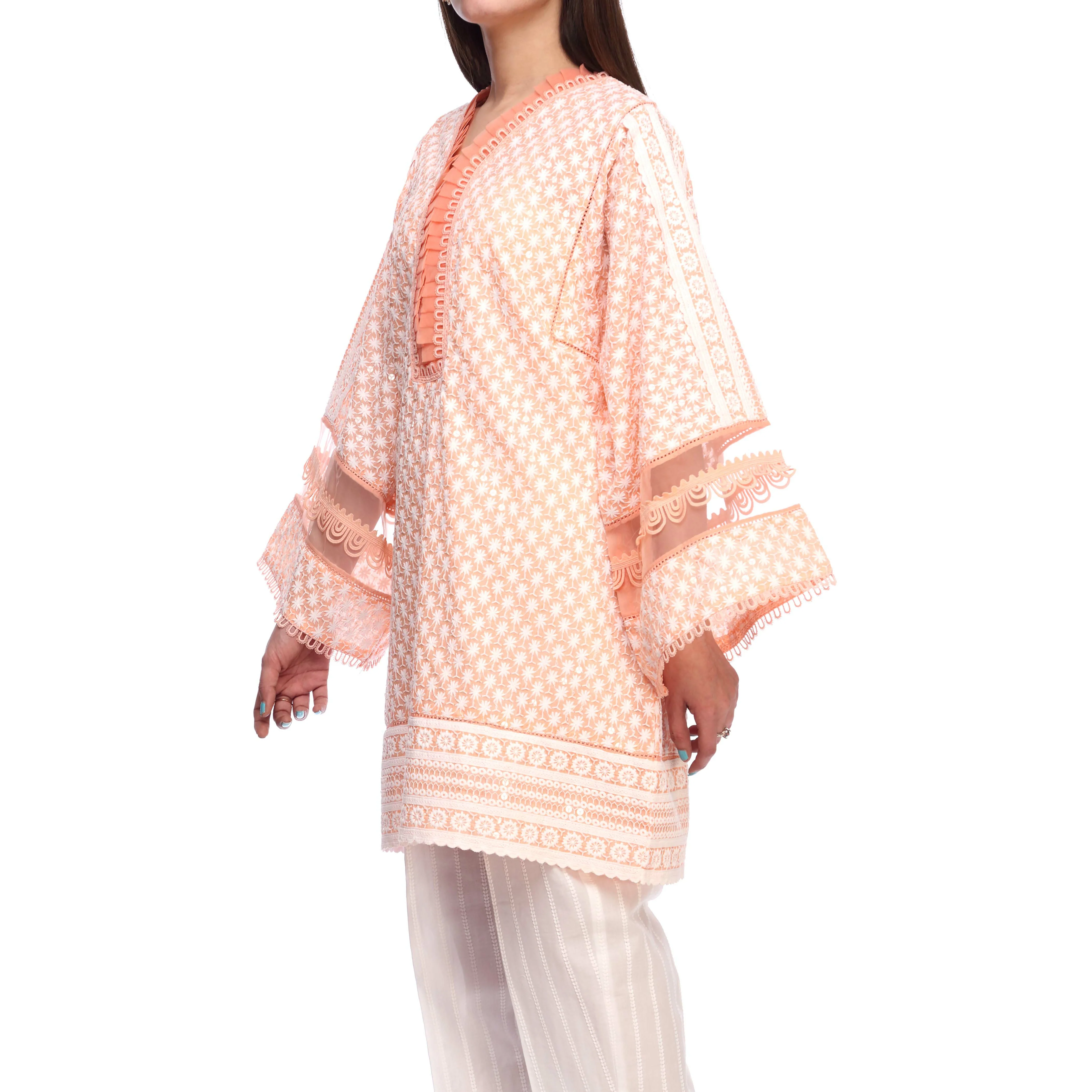 Peach Color ChikanKari Embellished Shirt PS2149 - Image 2