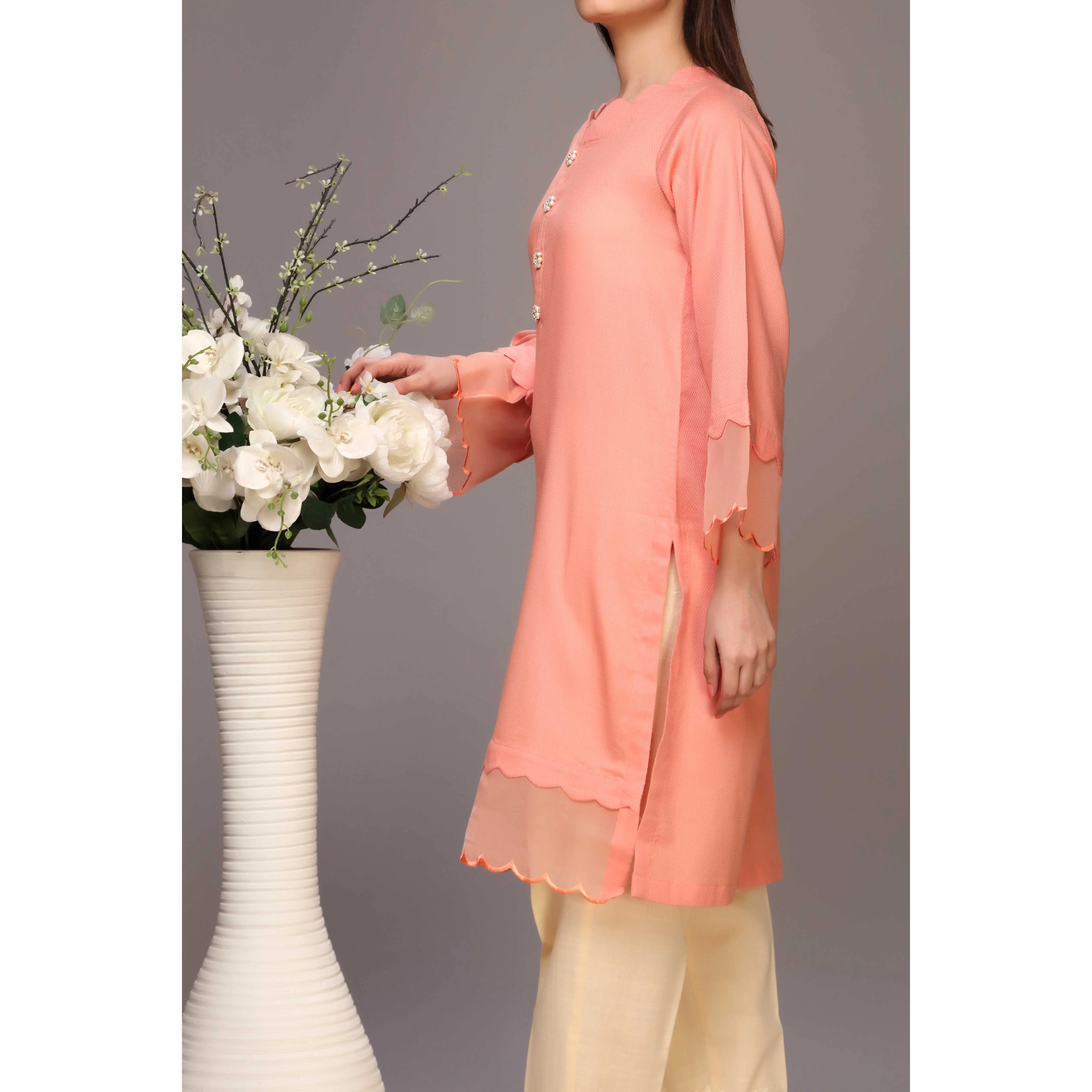 Peach Color Embellished Dobby Lawn Shirt PW1151 - Image 2