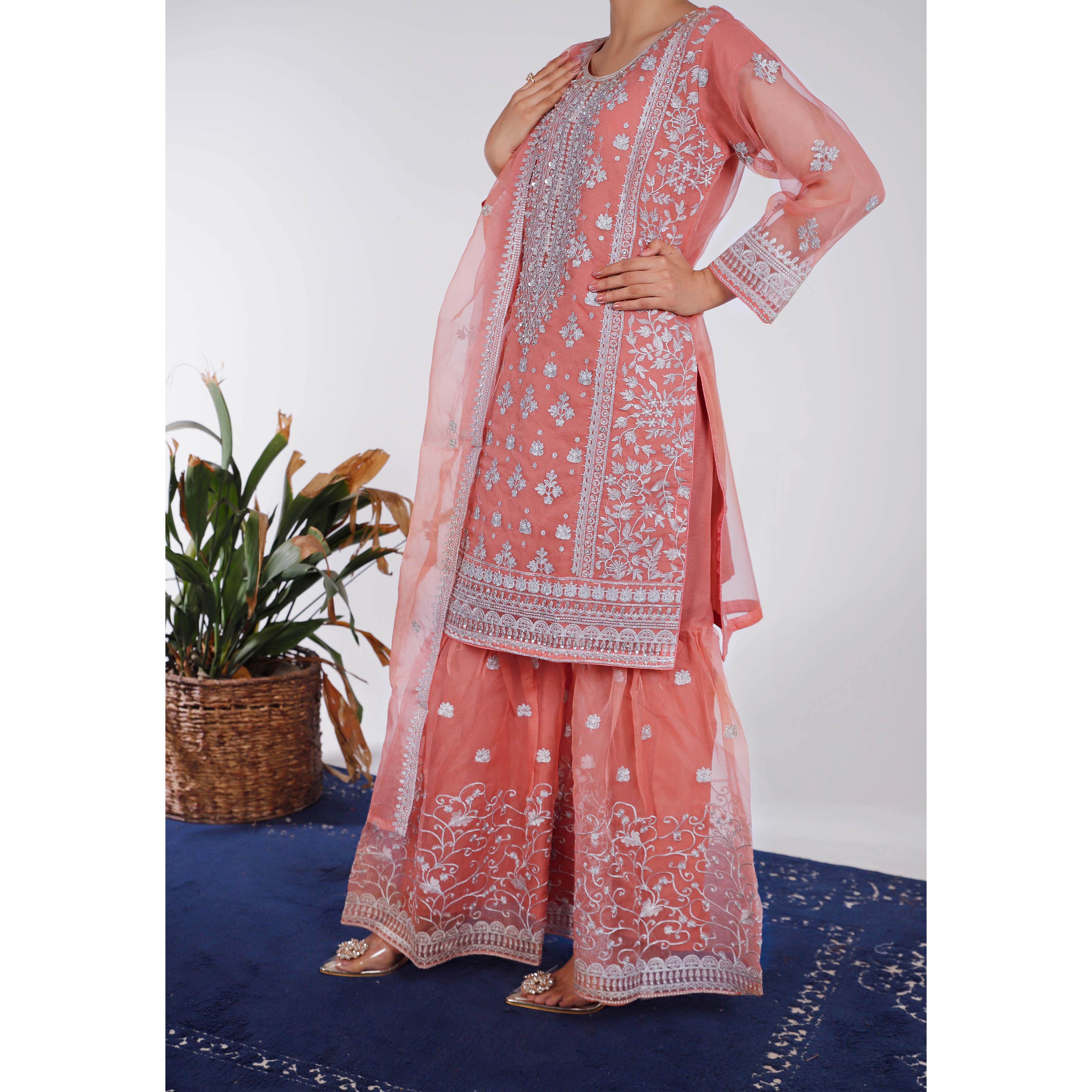 3PC- Embellished Organza Net Suit PF4036 - Image 2