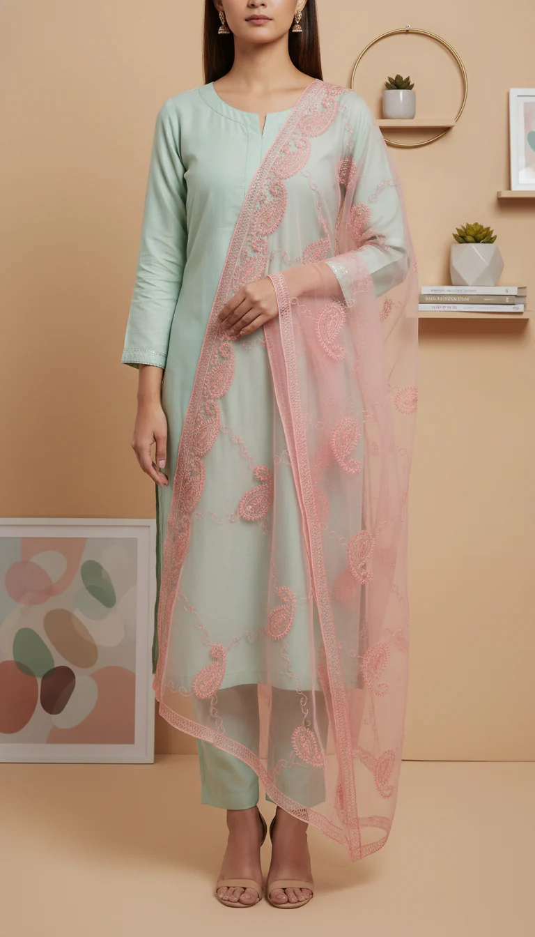 Pink Embellished Net Dupatta PD6078 - Image 2