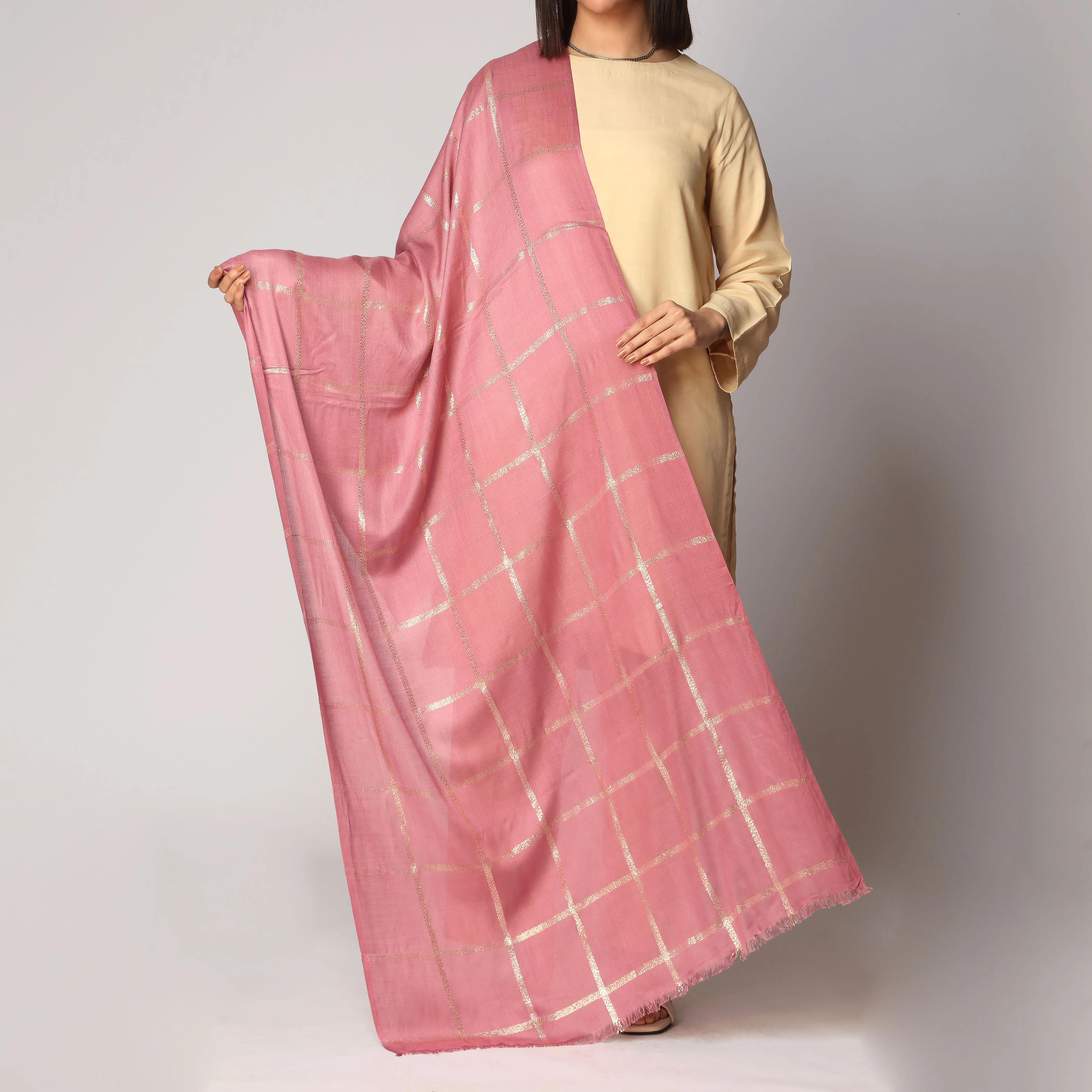 Pink Zari Checkered Stole PS3755