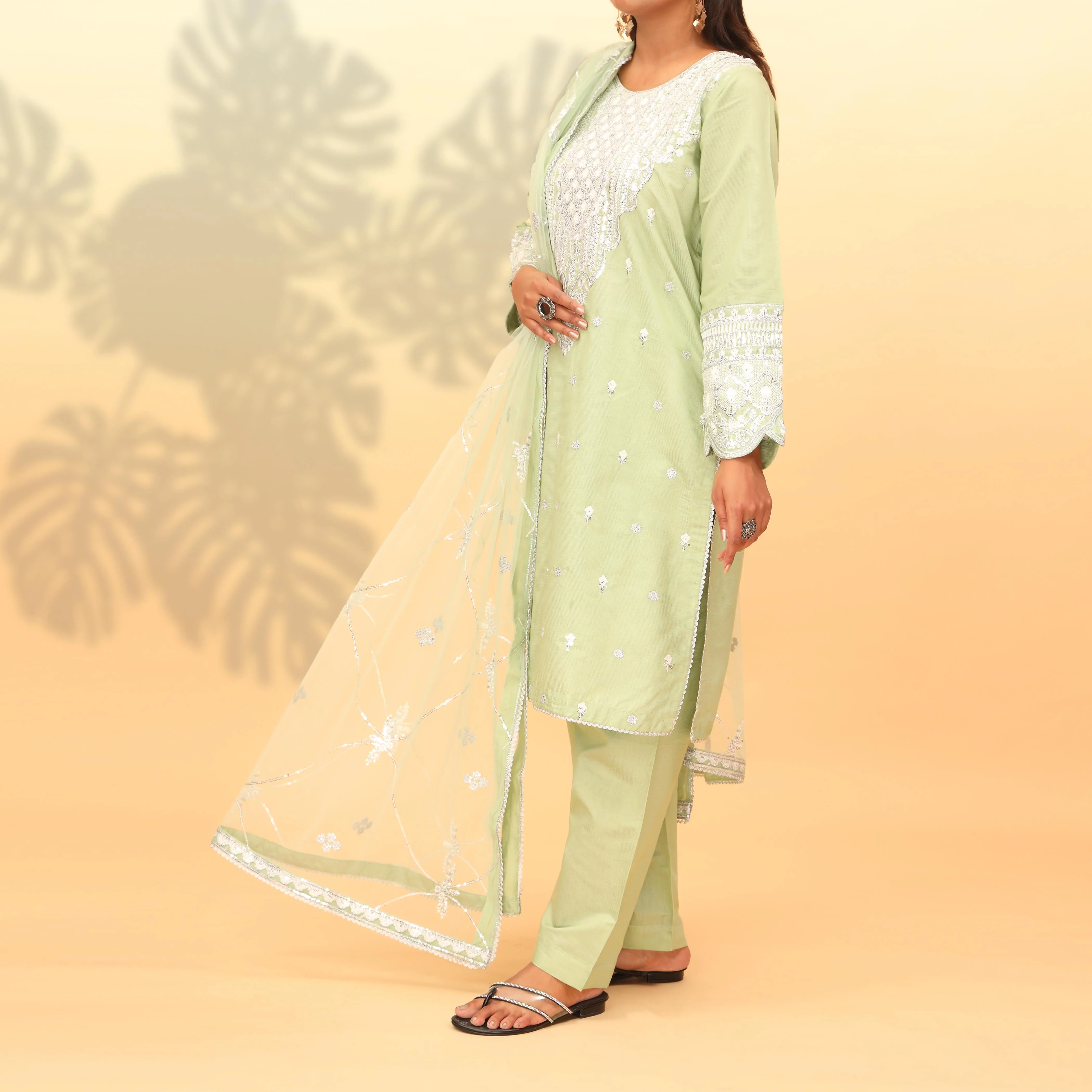 3PC- Embellished Khaddi Net Suit PF4015 - Image 2