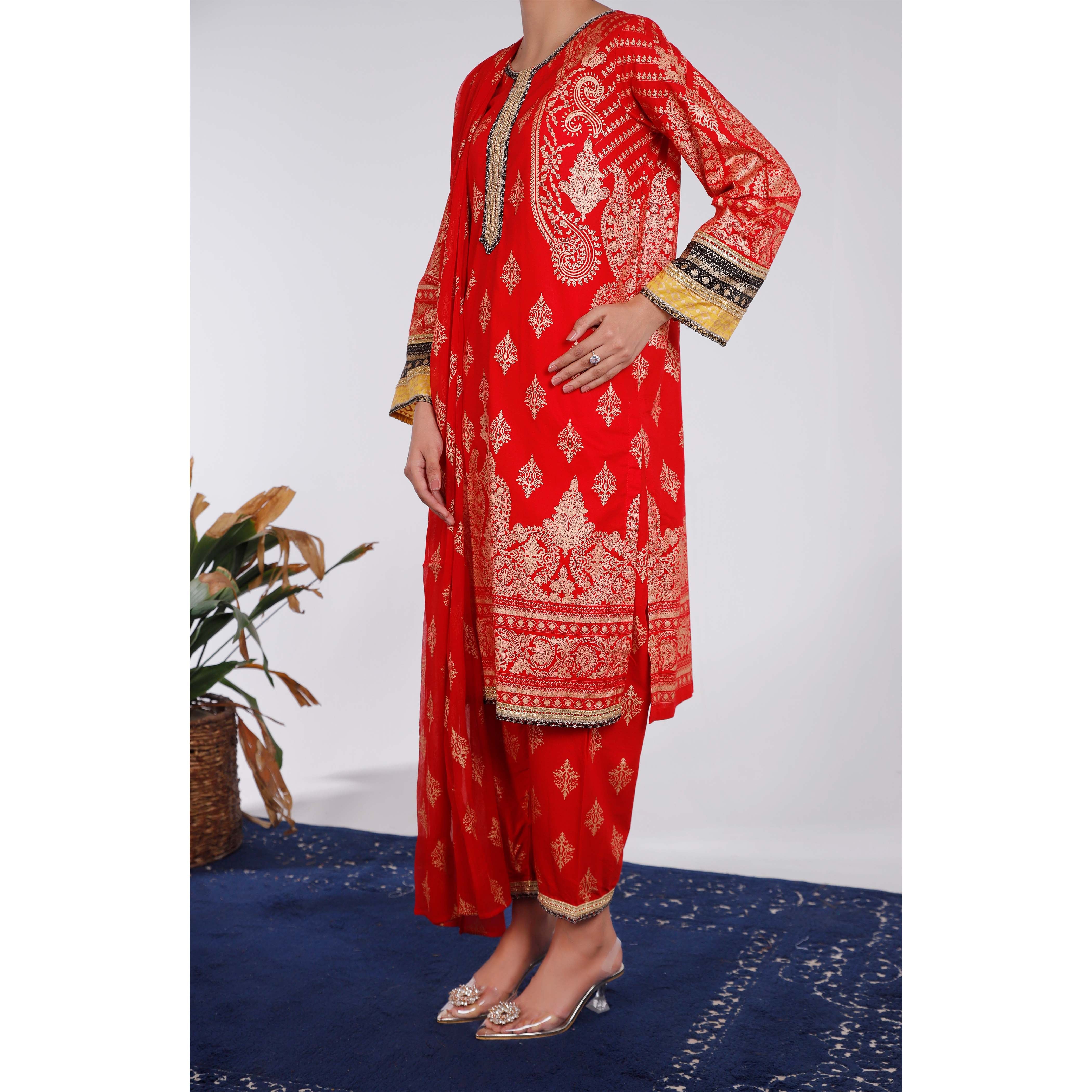 3PC- Screen Printed Cambric Suit PS4923 - Image 2