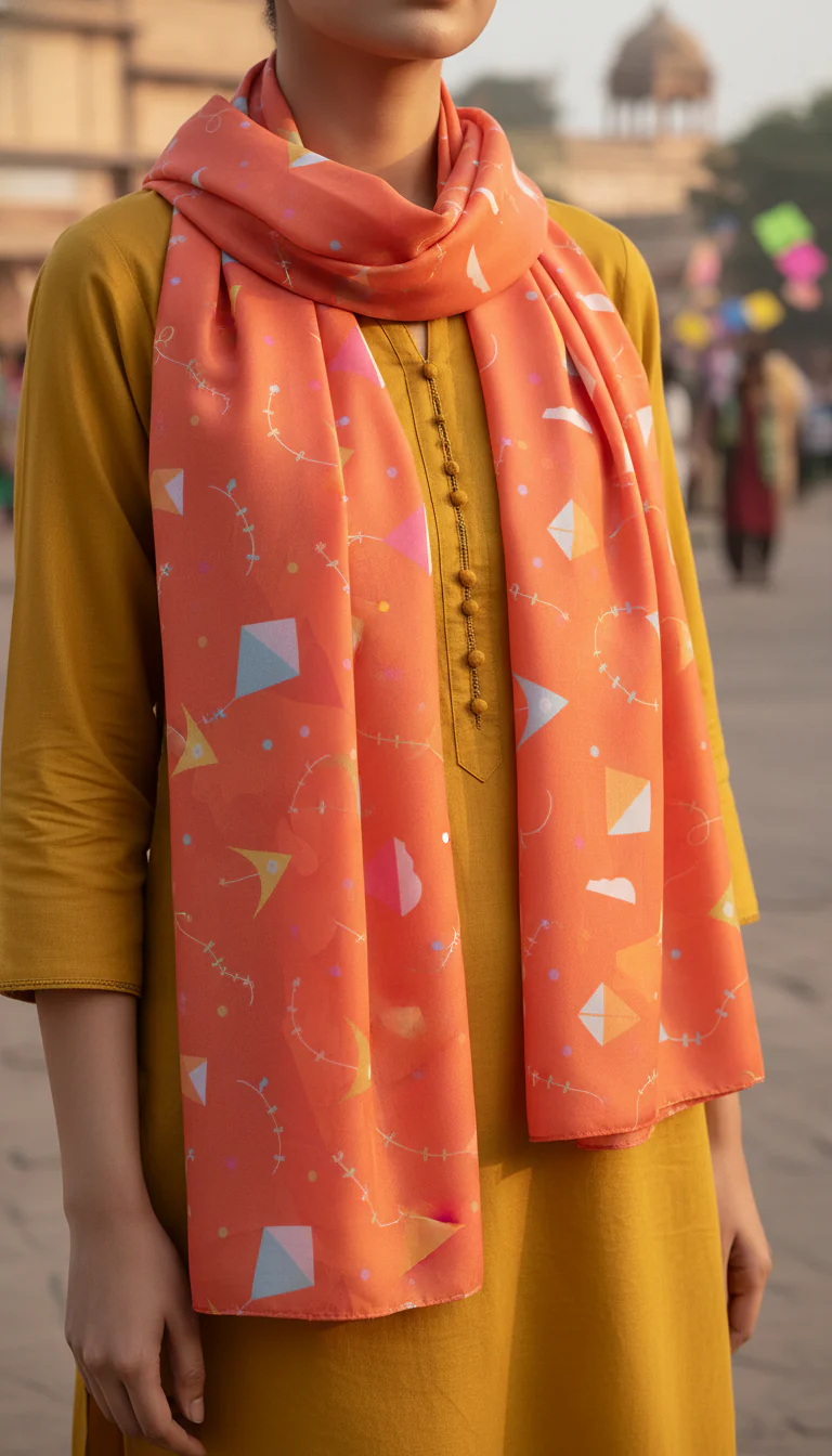 Red Digital Printed Apple Silk Stole PD6047