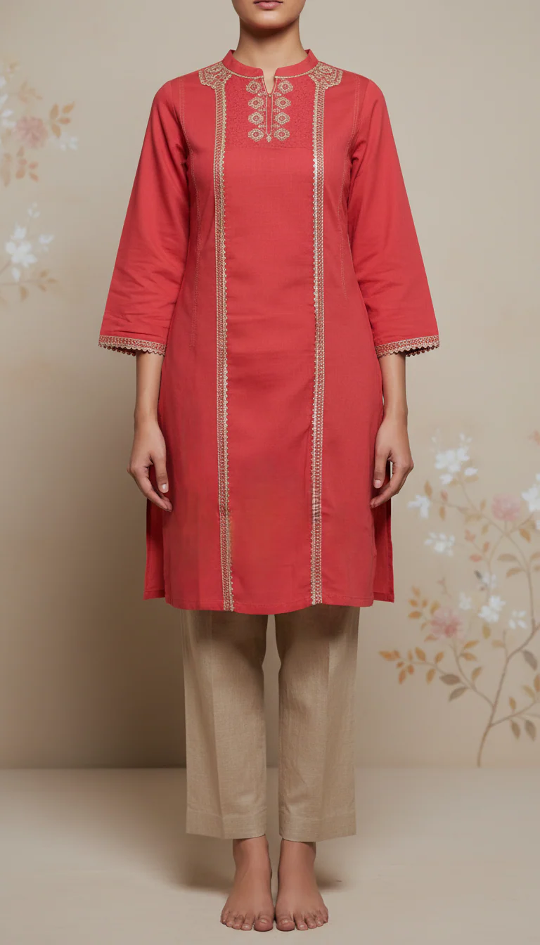 Red Embroidered Lawn Karandi Shirt PW5078 - Image 2