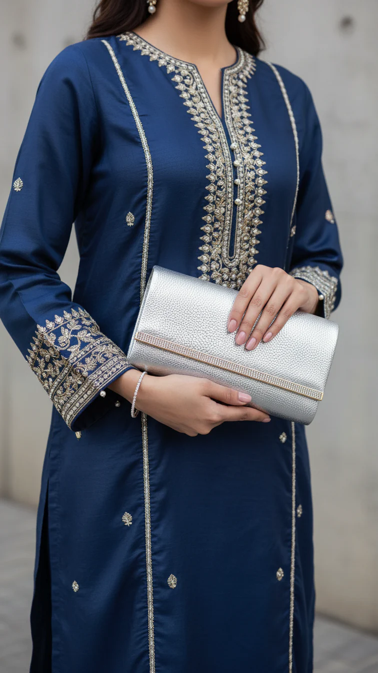 Silver Formal Clutch For Ladies P24417
