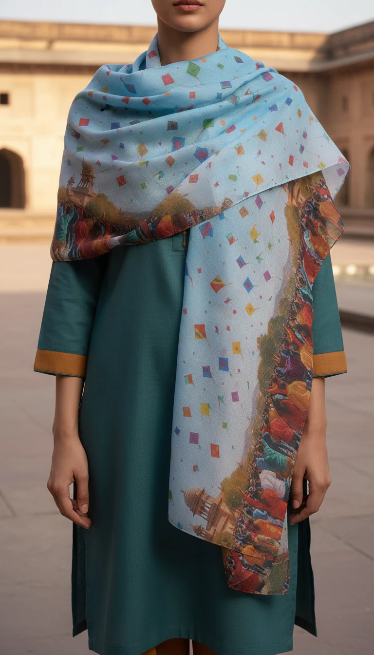 Sky Blue Digital Printed Apple Silk Stole PD6045