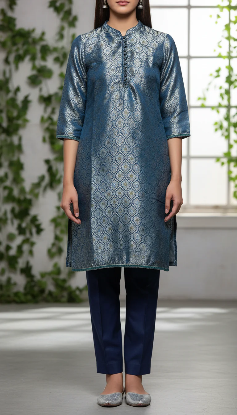 Teal Blue Jamawar Shirt With Stitching Details PS6086 - Image 2