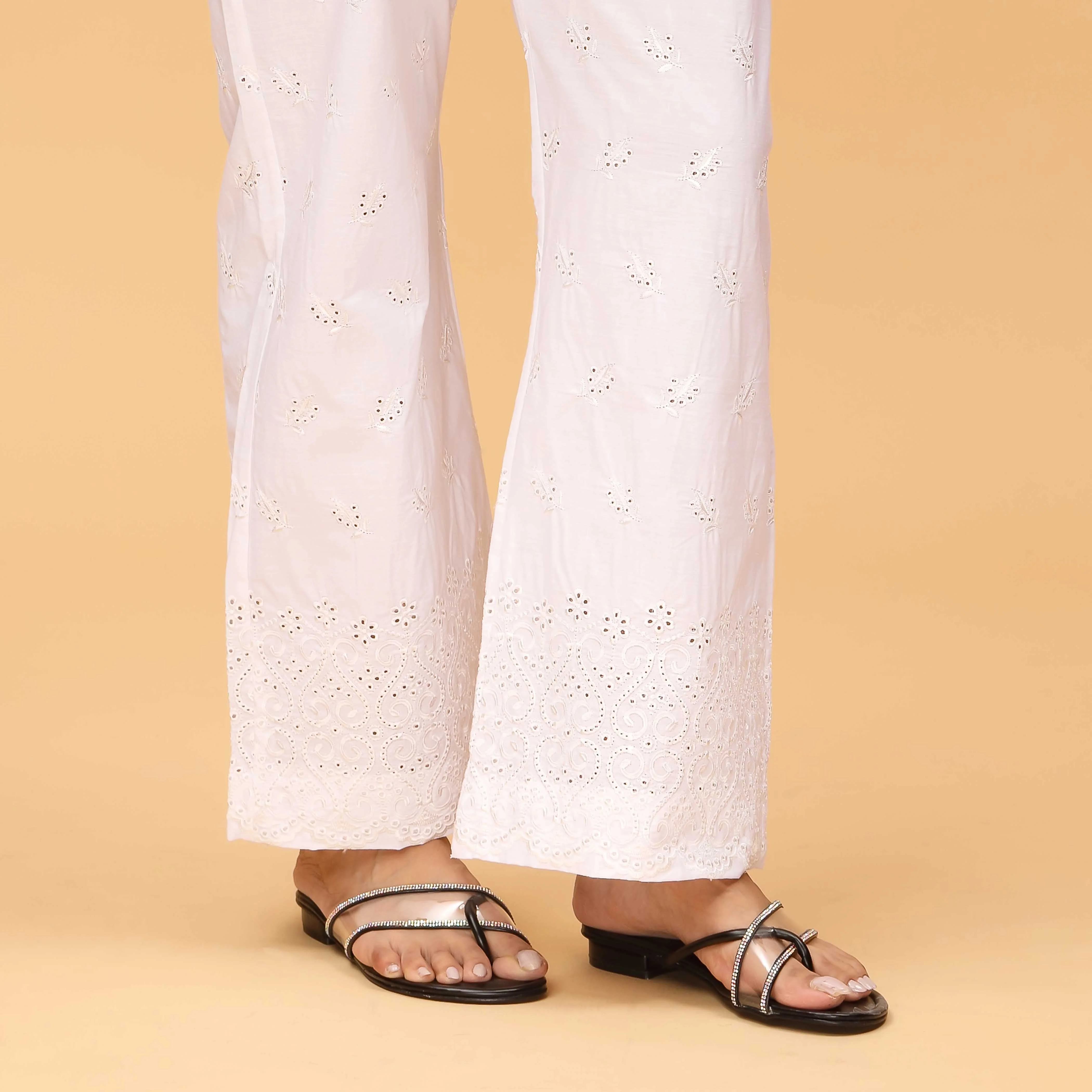 White Bell Bottom Embellished Cambric Trouser PS4557 - Image 3