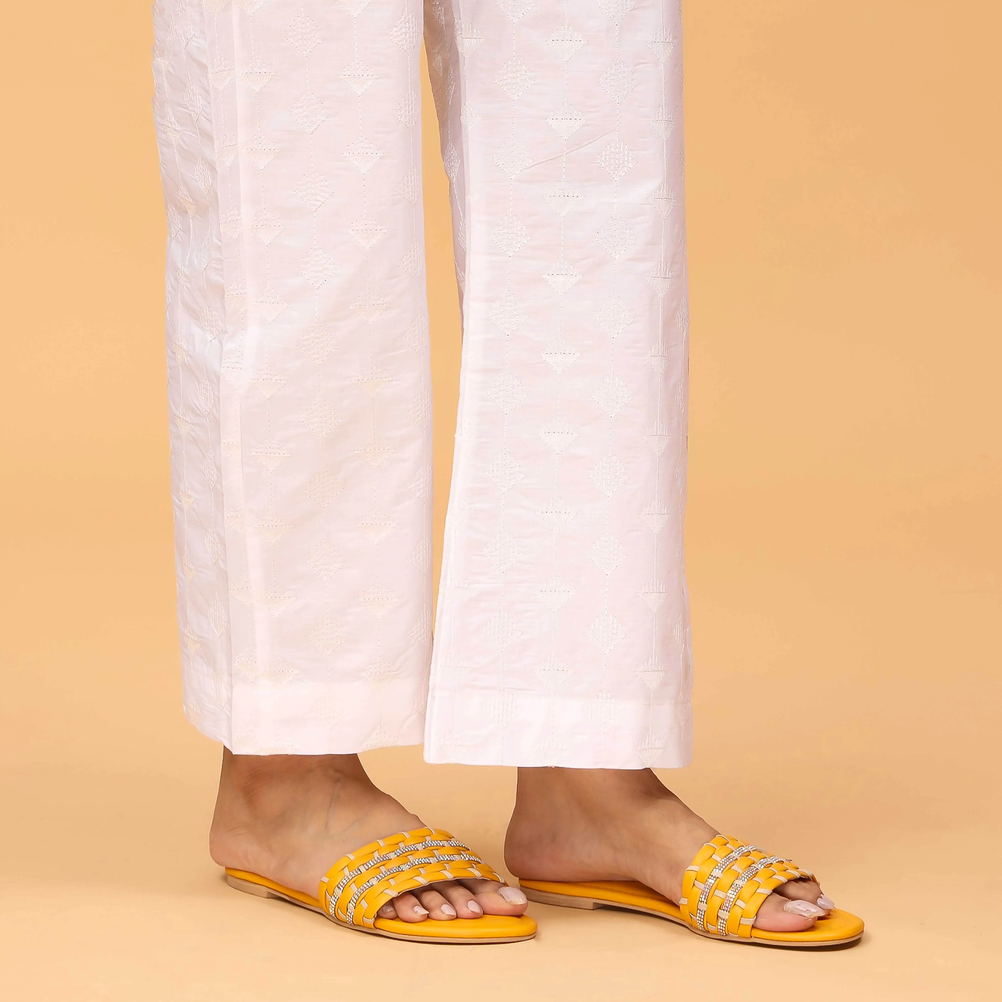 White Bell Bottom Embellished Cambric Trouser PS4562 - Image 2