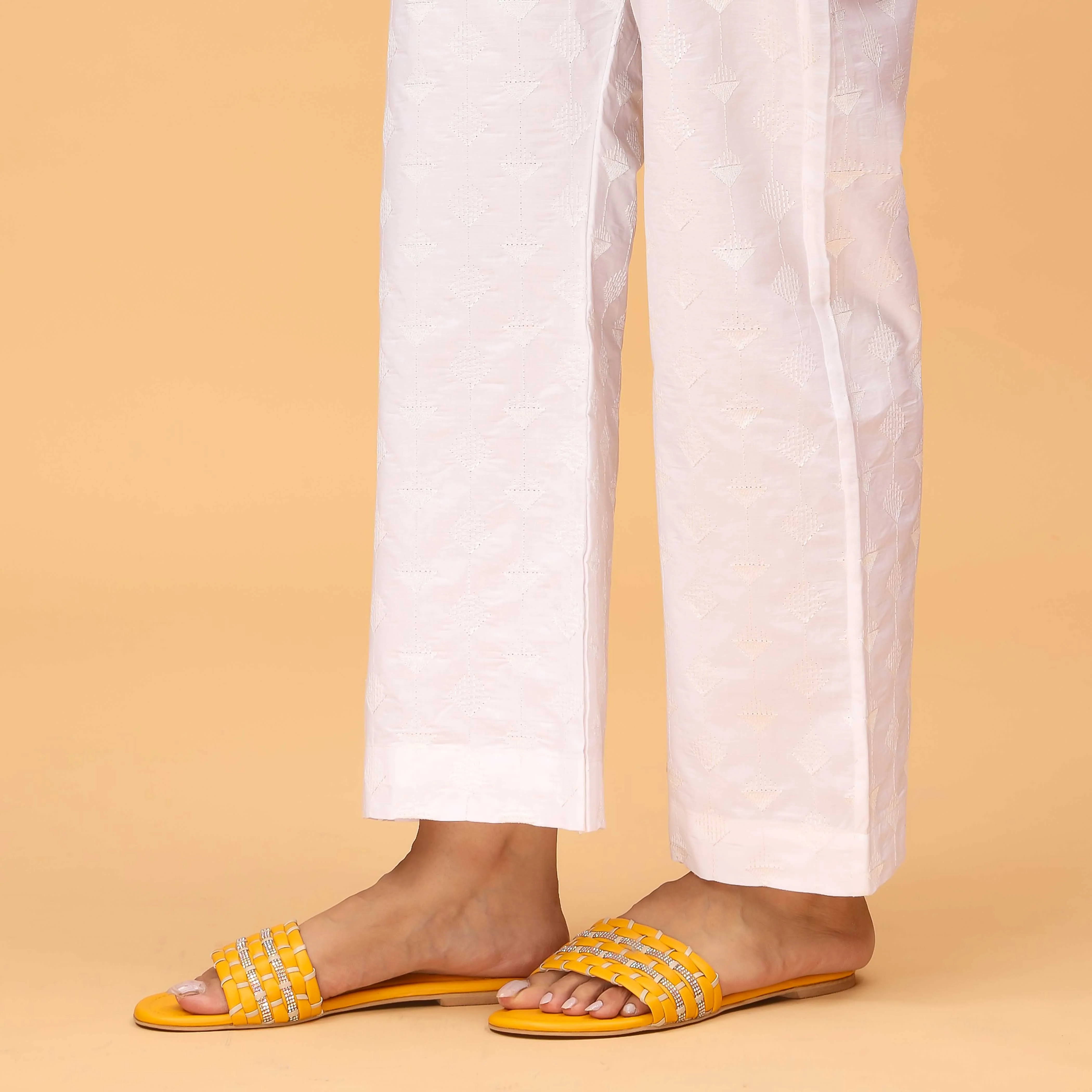 White Bell Bottom Embellished Cambric Trouser PS4562 - Image 3