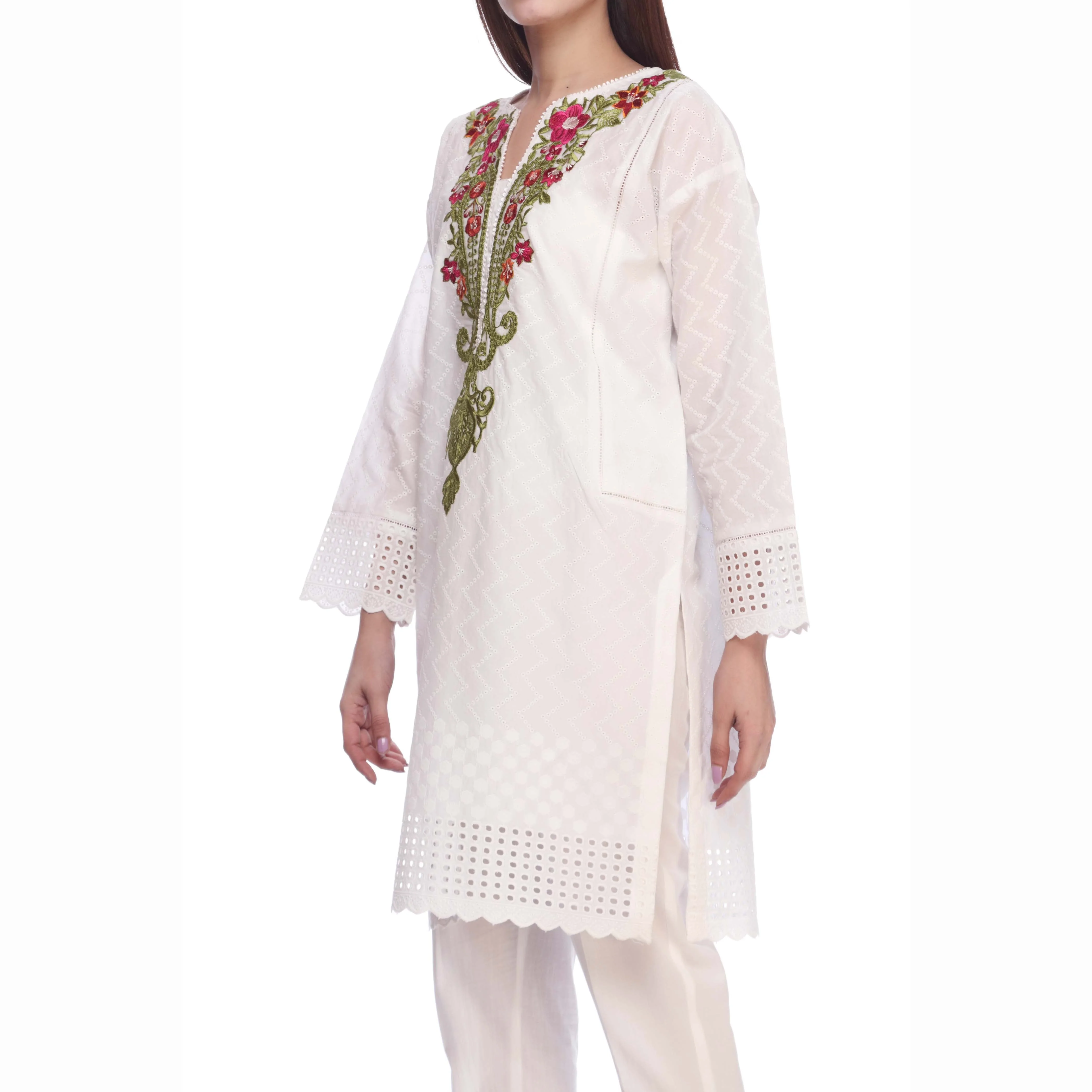 White Color ChikanKari Embellished Shirt PS2156 - Image 2