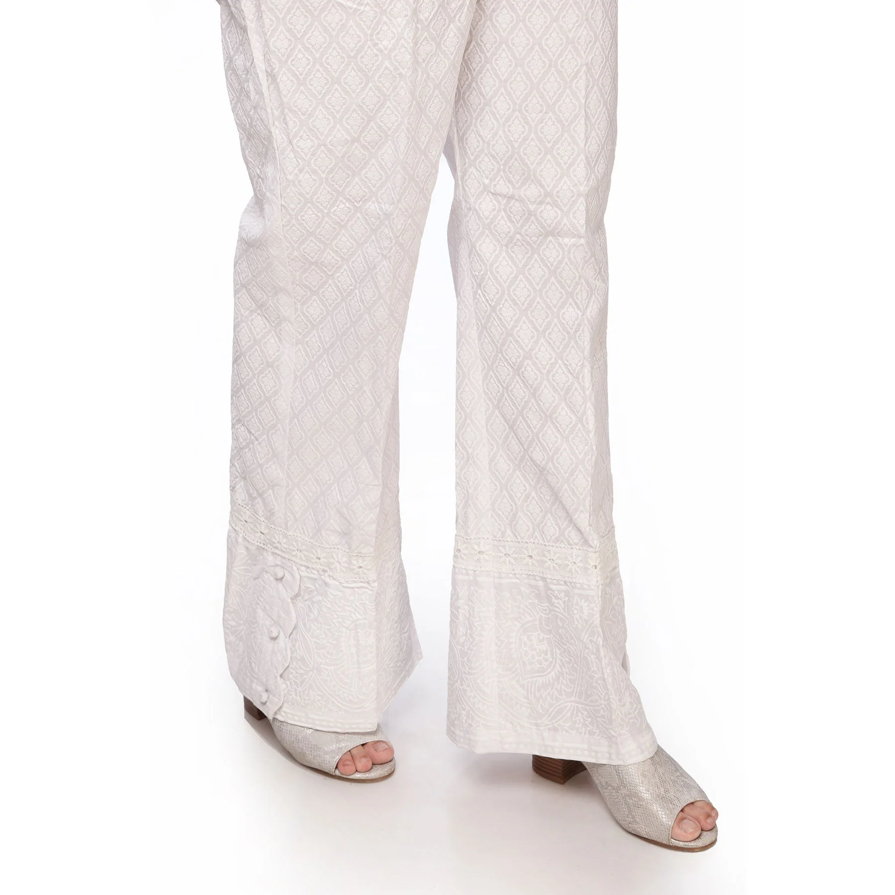 White Color Straight Fit Printed Cambric Trousers PS2550 - Image 2