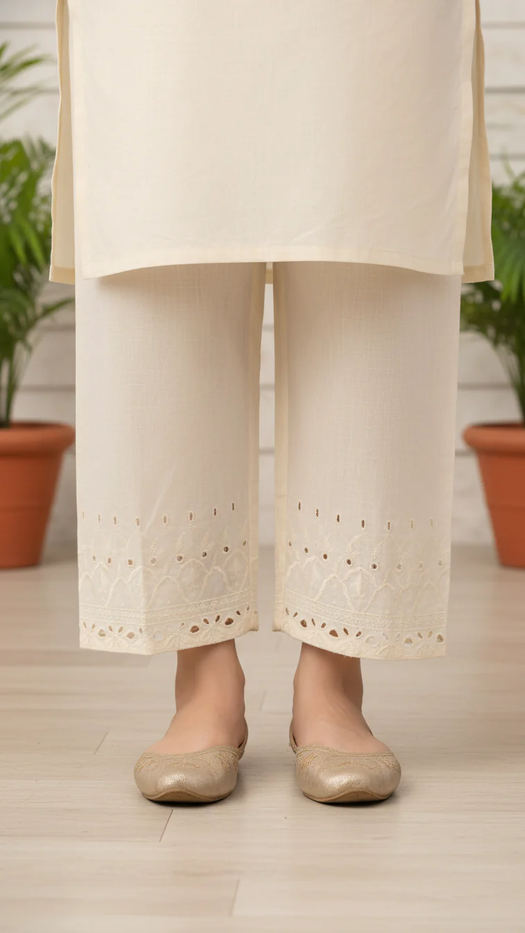 White Cotton Cambric Embroidered Trouser