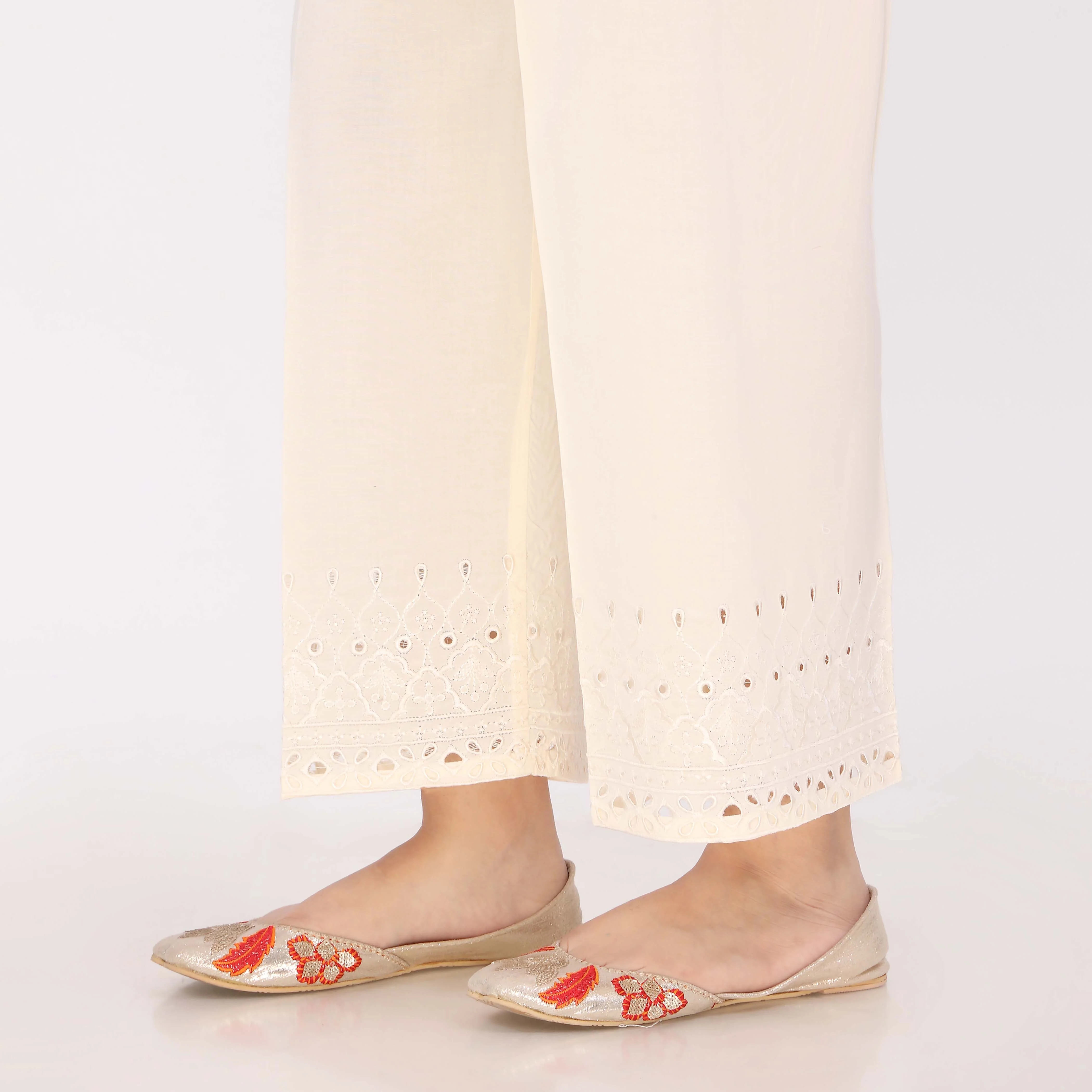 White Cotton Cambric Embroidered Trouser - Image 4