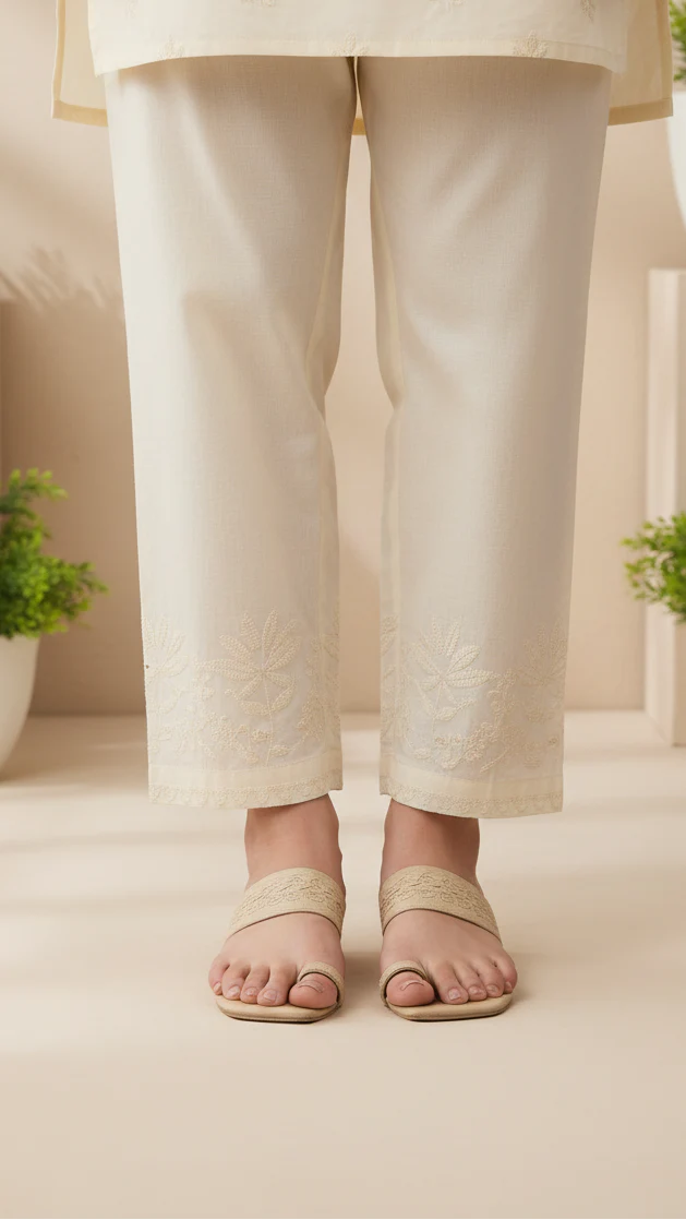 White Cotton Cambric Embroidered Trouser
