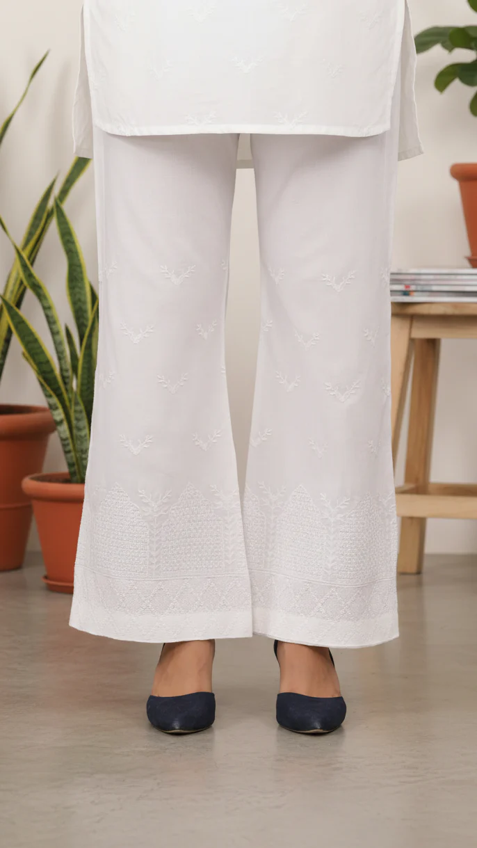 White Cotton Cambric Trouser with Embroidery PL5087